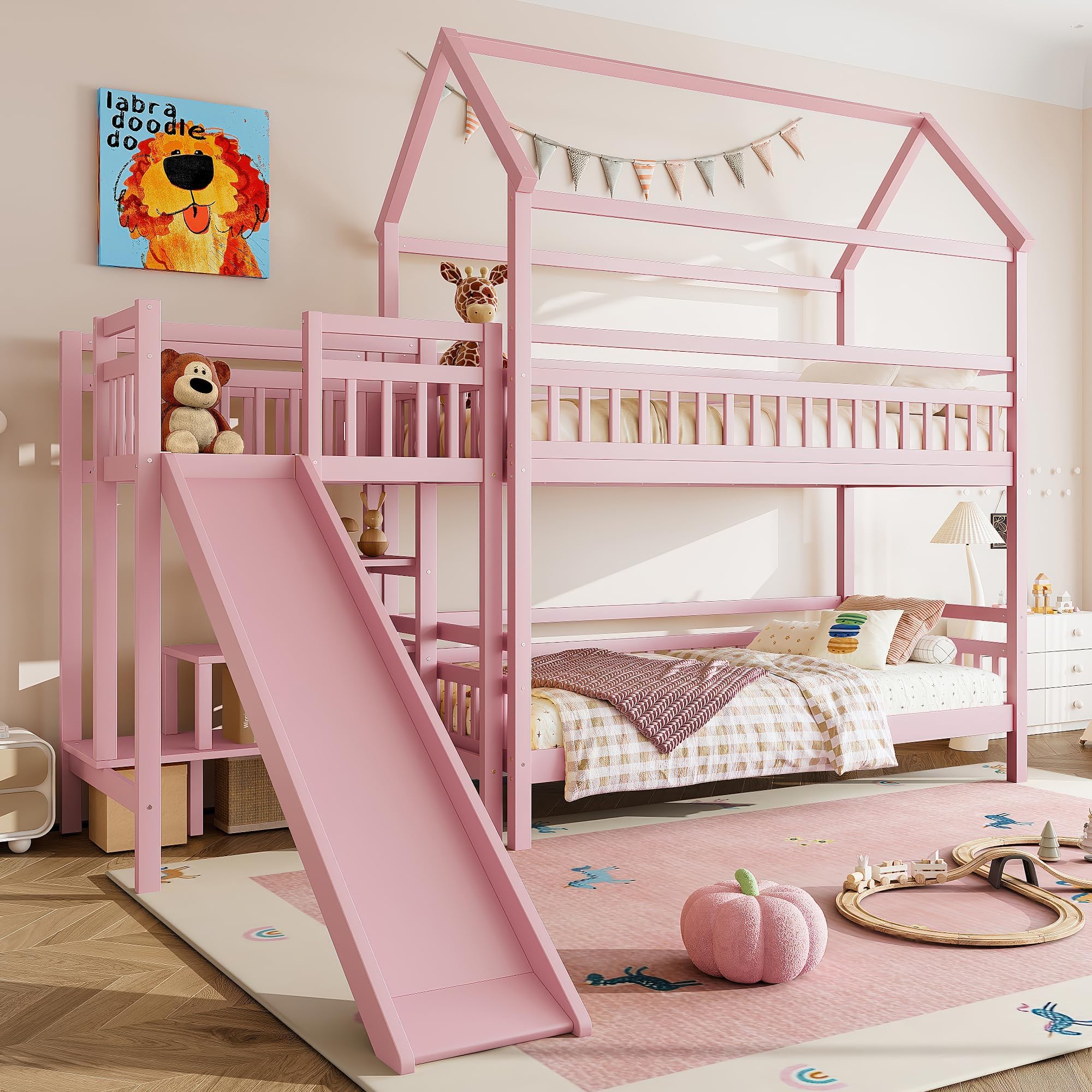 RuiSiSi Twin Over Twin House Bunk Bed with Slide and Storage Stairs, Wooden House Bunk Bed for Kids with Playhouse Design, Built-in Storage Stairs, Safety Guardrails, Noise Free, Pink