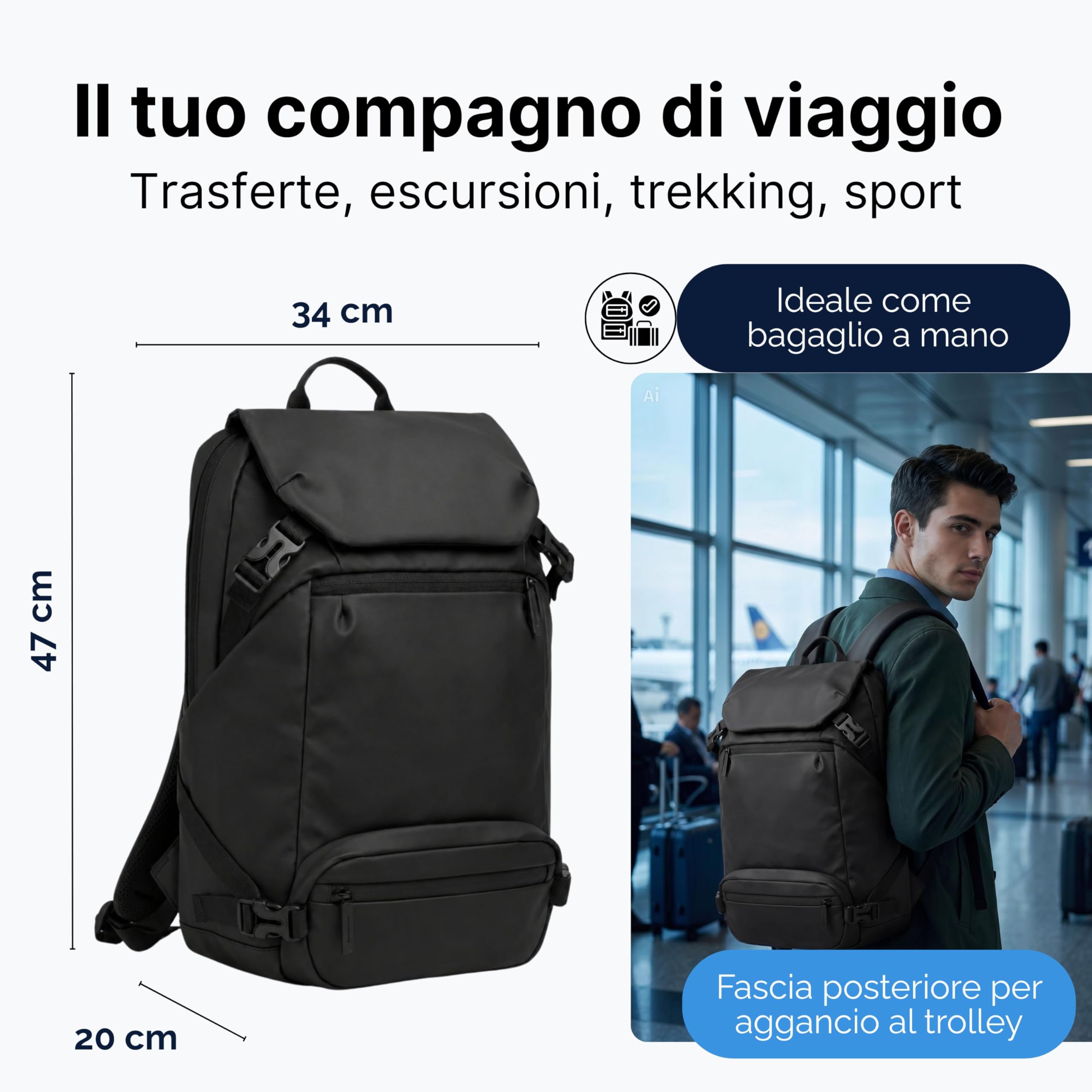 MASC Zaino Grande da Viaggio perfetto per Trekking, Campeggio e Montagna. Marsupio Rimovibile integrato, ideale anche come Zaino da Lavoro porta PC