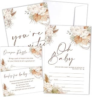 Boho Flowers Baby Shower Invitation With Envelopes, Diaper Raffle Tickets, Books Request Cards, Bohemia Floral Baby Shower Decorations Supplies Favors Set, Gender Reveal Invites, 25 Cards Each -03