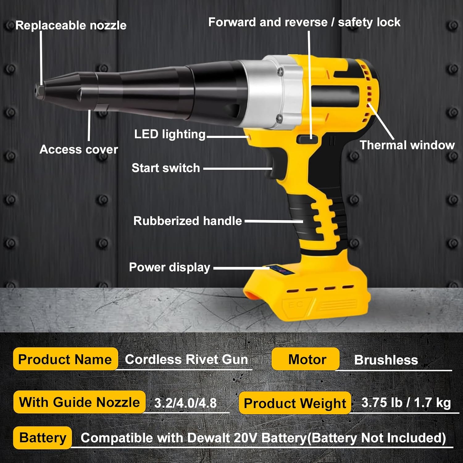 Cordless Rivet Gun Compatible with Dewalt 20V Battery, Electric Rivet Gun Kit, Brushless Blind Riveter Tool Kit for 1/8", 5/32", 3/16" Rivets (Tool Only, No Battery)