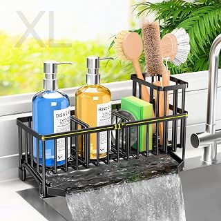 TomCare 11-Inch Extra Large Sink Caddy Organizer with Drain Tray, Adjustable Dividers, Non-Slip Rustproof Sponge Brush Holder for Kitchen Counter