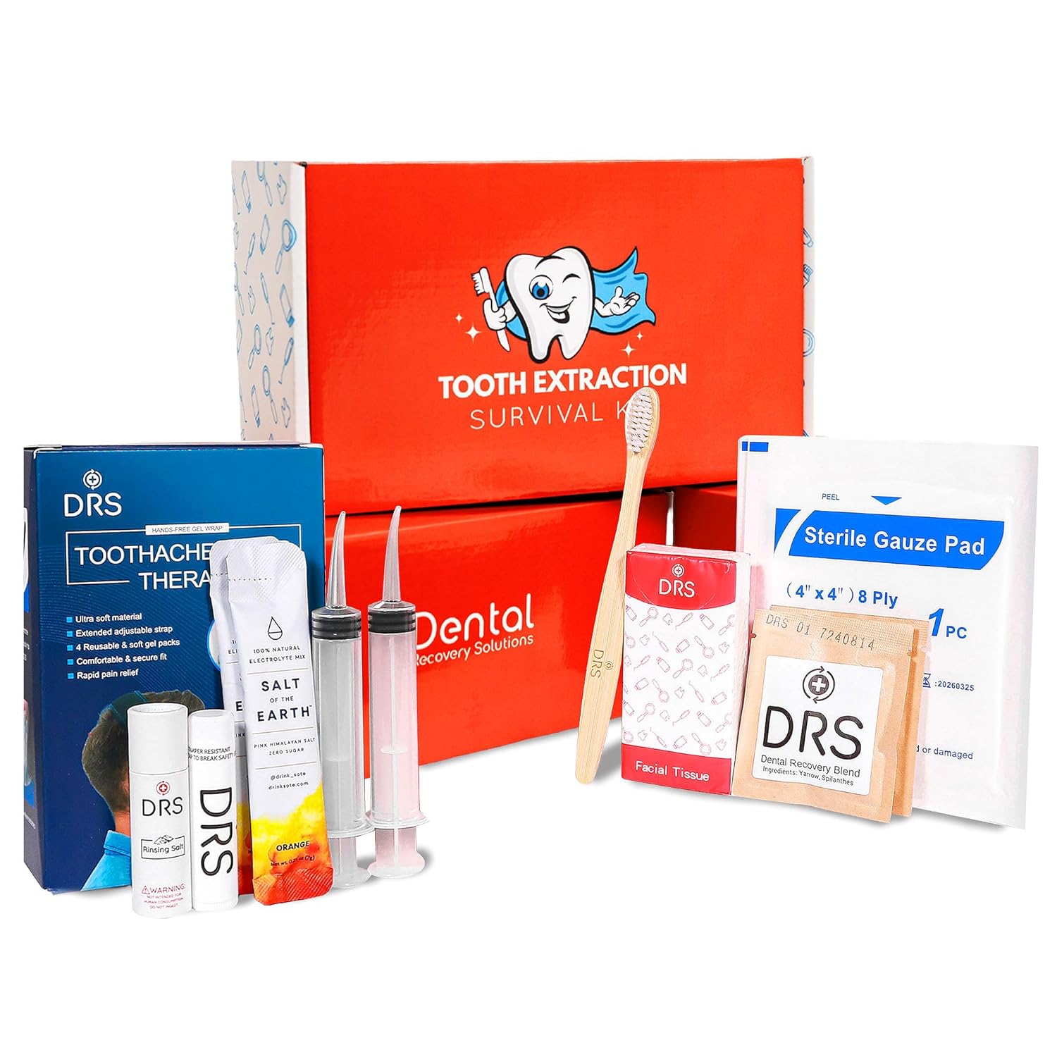Wisdom Teeth Recovery Kit | Reusable Head Wrap with Ice Packs | Oral Irrigation Syringe, Salt Water Rinse, Gauze, Tea Bags, Electrolytes, Toothbrush