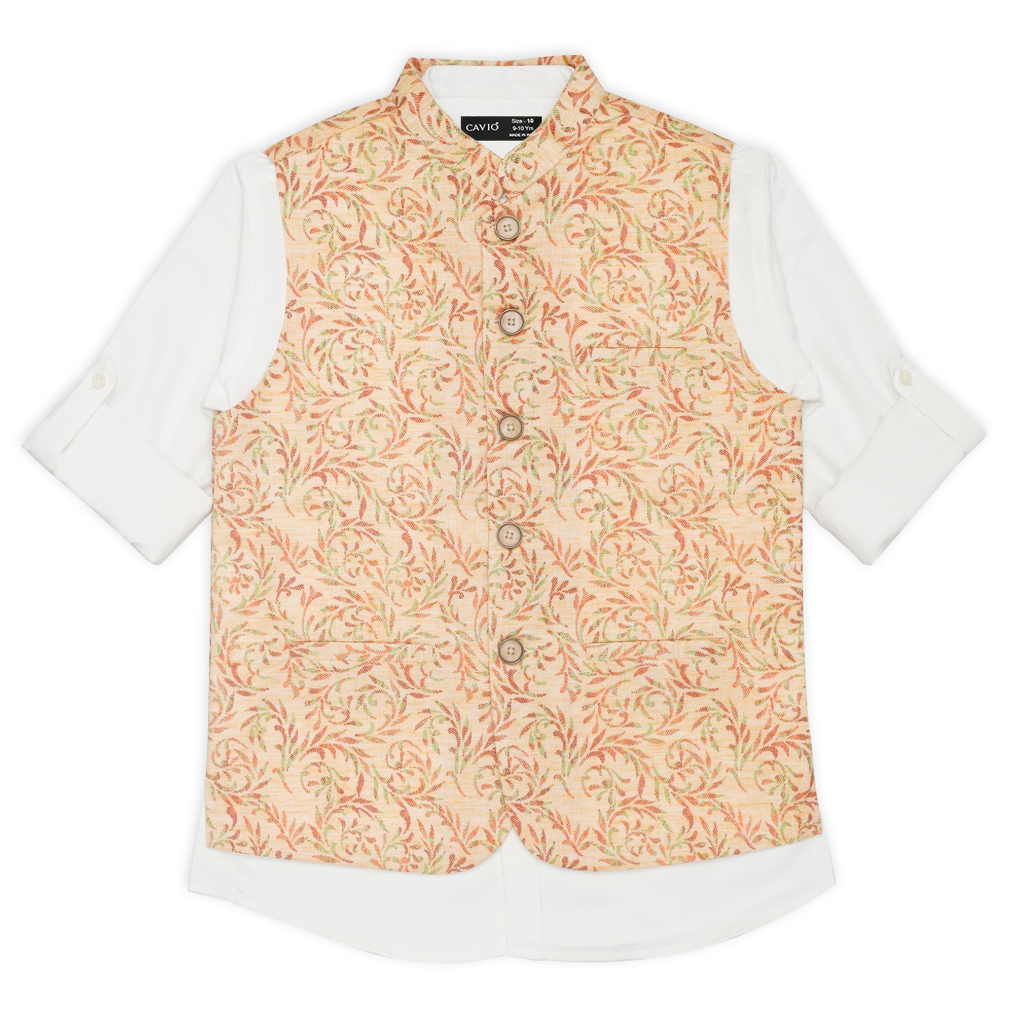 CAVIO Boys Peach Traditional Floral Print Nehru Jacket With Shirt 2