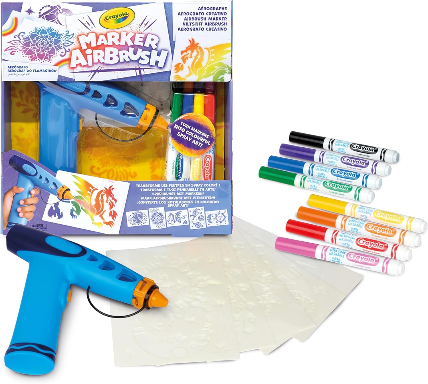 CRAYOLA Marker Airbrush | Turn Markers into Colourful Spray Art! | Includes 8 Washable Markers & Stencils for Kids Ages 6+