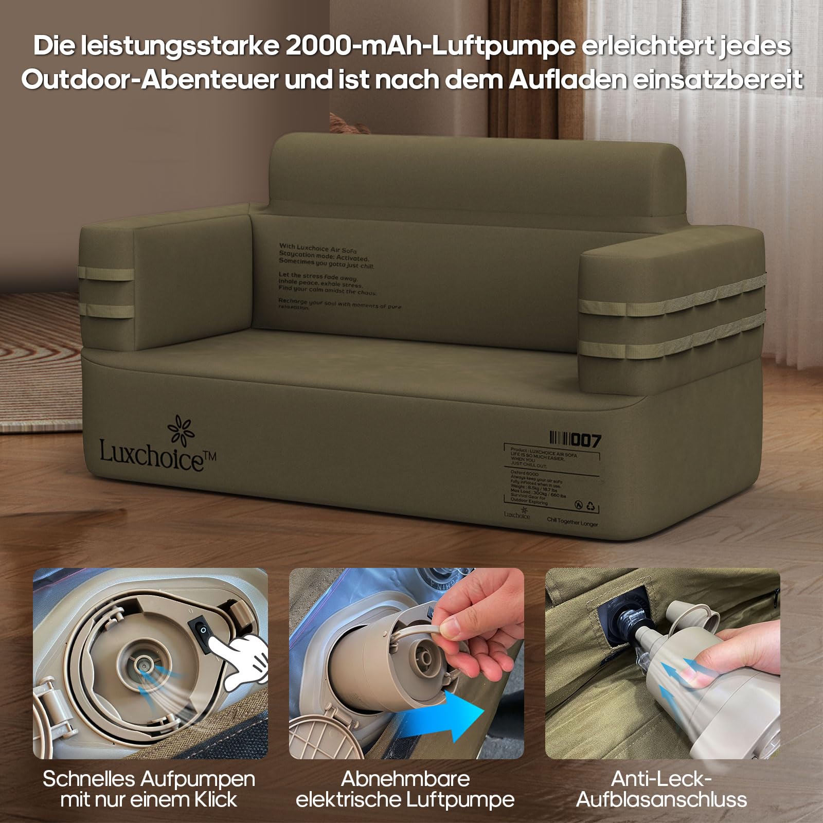 Luxchoice Divano Gonfiabile Campeggio Con Pompa Portatile Staccabile USB Divano Letto matrimoniale Tessuto Oxford 1000D da Esterno Adatto per Riunioni Familiari Campeggio all'aperto Concerti Air sofa
