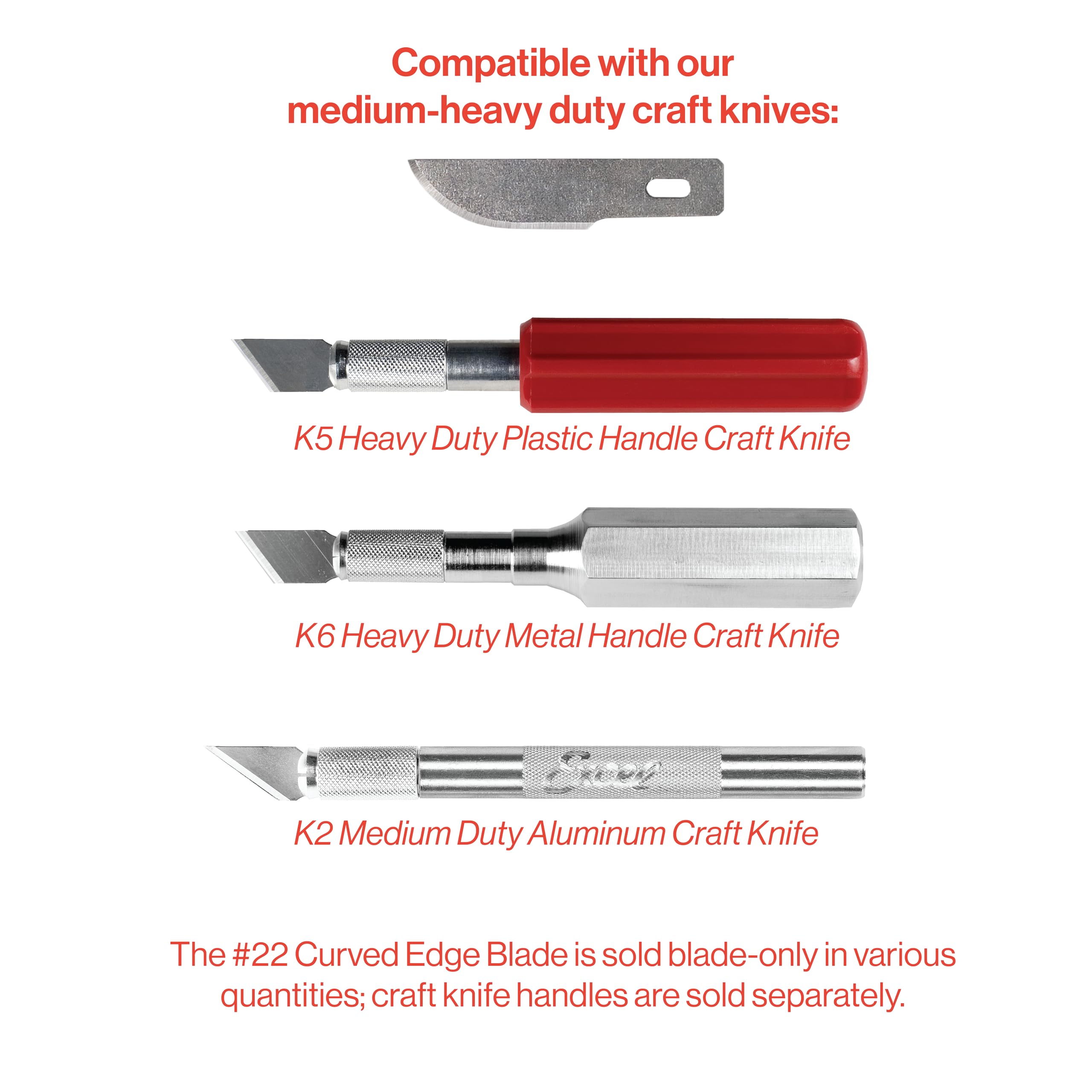 Excel Blades 100 cuchillas de repuesto para cuchillos de manualidades, #22 de acero de alto carbono, cuchillas curvadas de repuesto para corte de precisión, profesionales, pasatiempos y manualidades