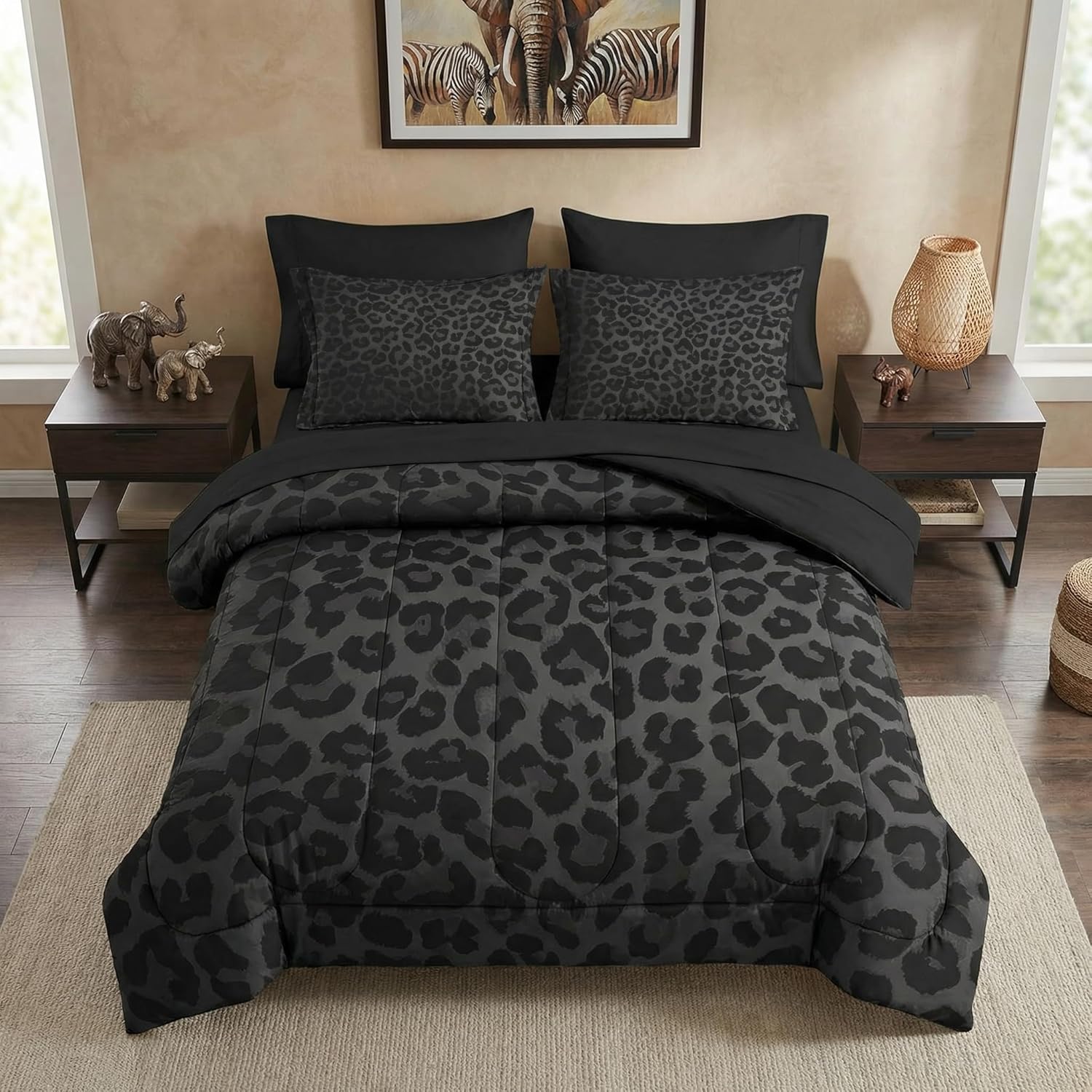 Nesker 7 Pcs Comforter Set Queen Size, Leopard Print Wild Animal Bedding Set for Kids and Adults, Black Grey African Cheetah Wildlife Sheets Bed Sheet Sets with Fitted Sheet 2 Pillowcases & 2 Shams
