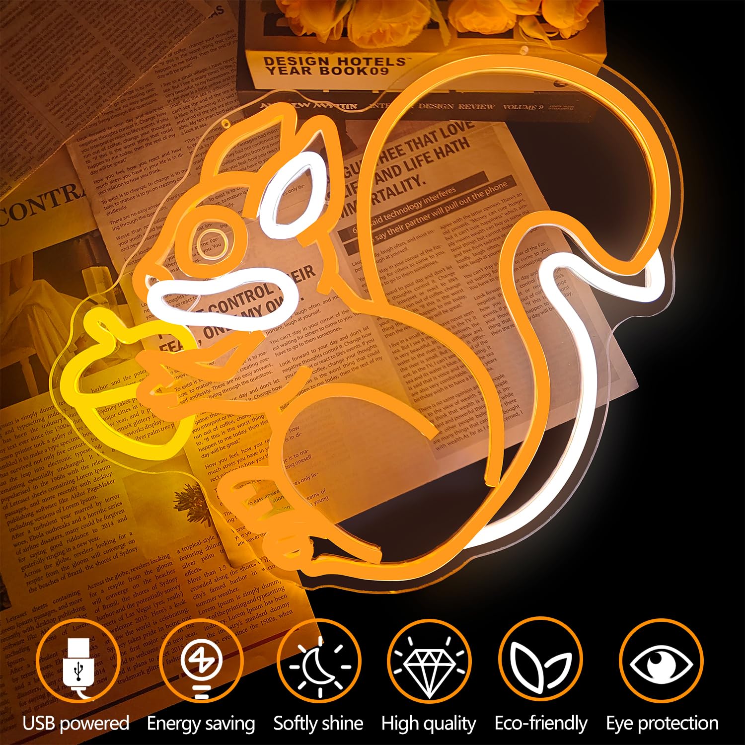 Letrero de neón de ardilla para decoración de pared, ardilla sosteniendo un cono de pino, luz de neón regulable, lámpara LED naranja para dormitorio, lindo letrero de luz de animal para Navidad 4