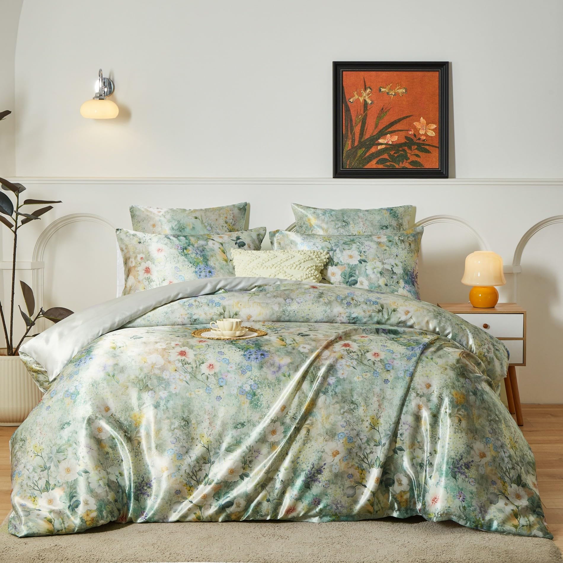 Parure de lit en satin 135x200 cm avec housse de couette florale et taies