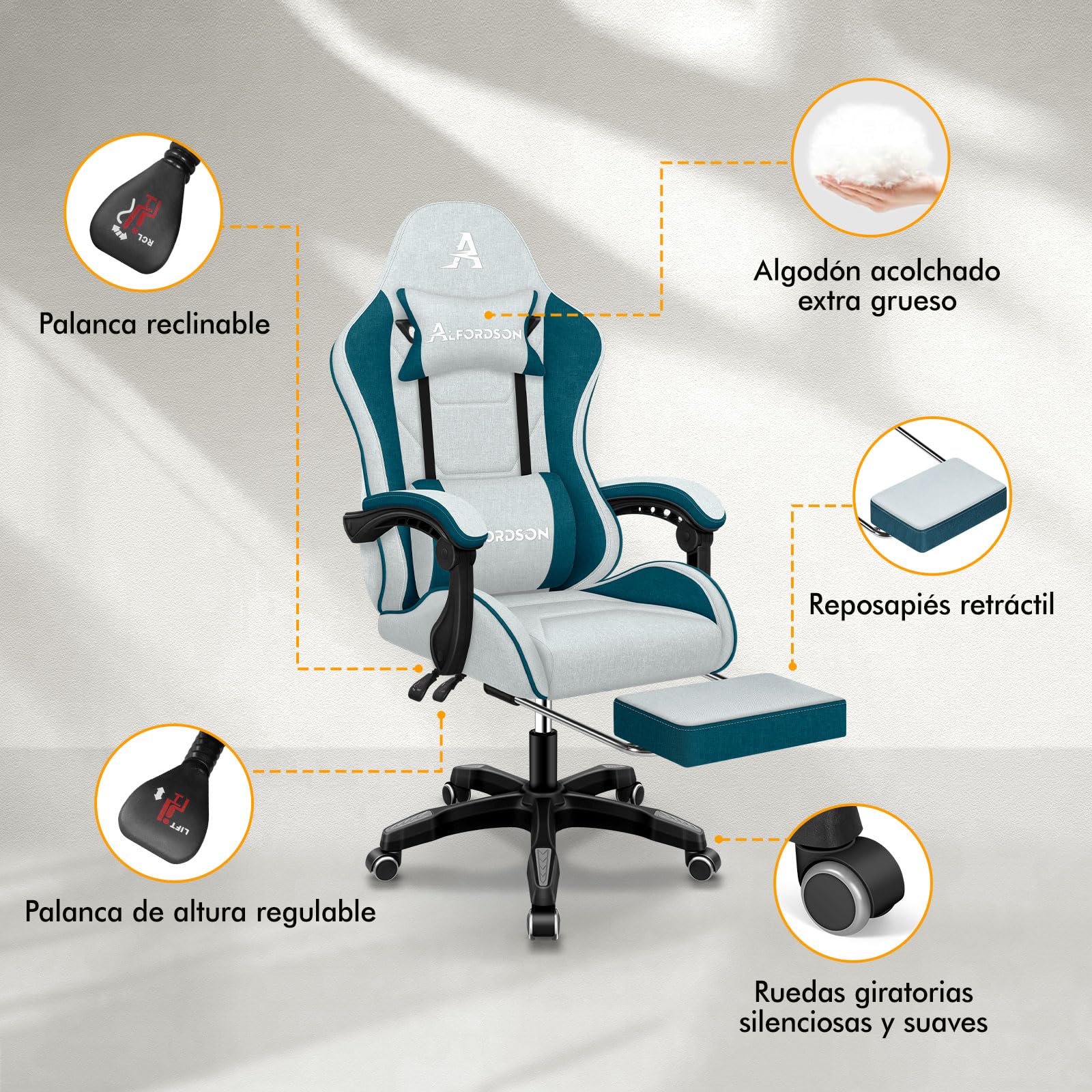 ALFORDSON Silla Gaming Ergonómica con Masaje, Silla Gamer de Oficina con Lumbar Massaggiante, Reposapiés Retráctil,Altura Ajustable,Reclinable 150°,Asiento Cómodo,Soporta 180 kg, Lino(Verde Petrolio)
