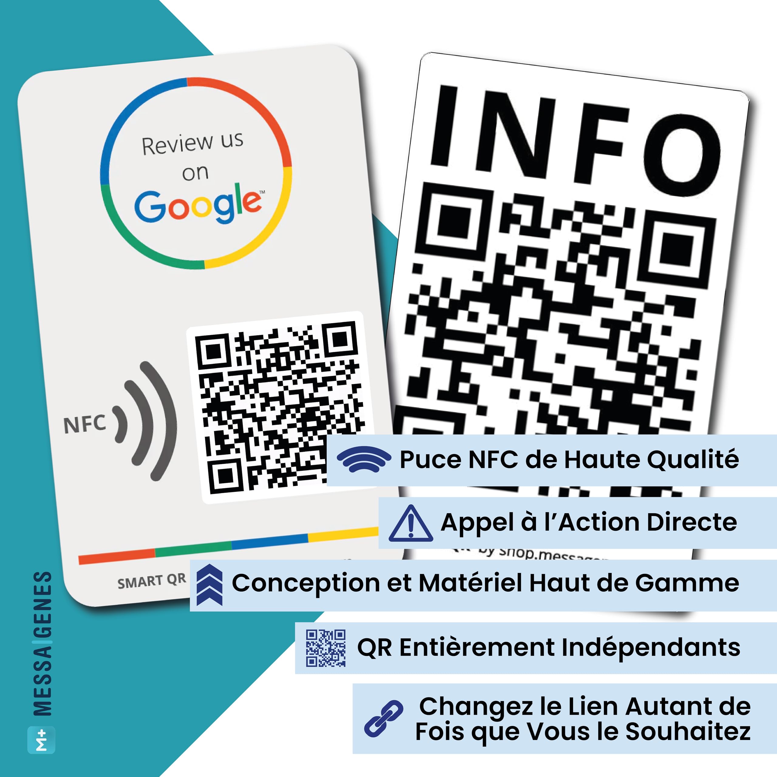 MESSAGENES | Carte Avis Google QR et NFC | Carte NFC Google Avis | PACK 2 Unités 12 x 8 cm | 2 Côtés | Plaque Google QR et NFC + INFO | Obtenez des Avis Facilement| Améliorez votre Classement Avis