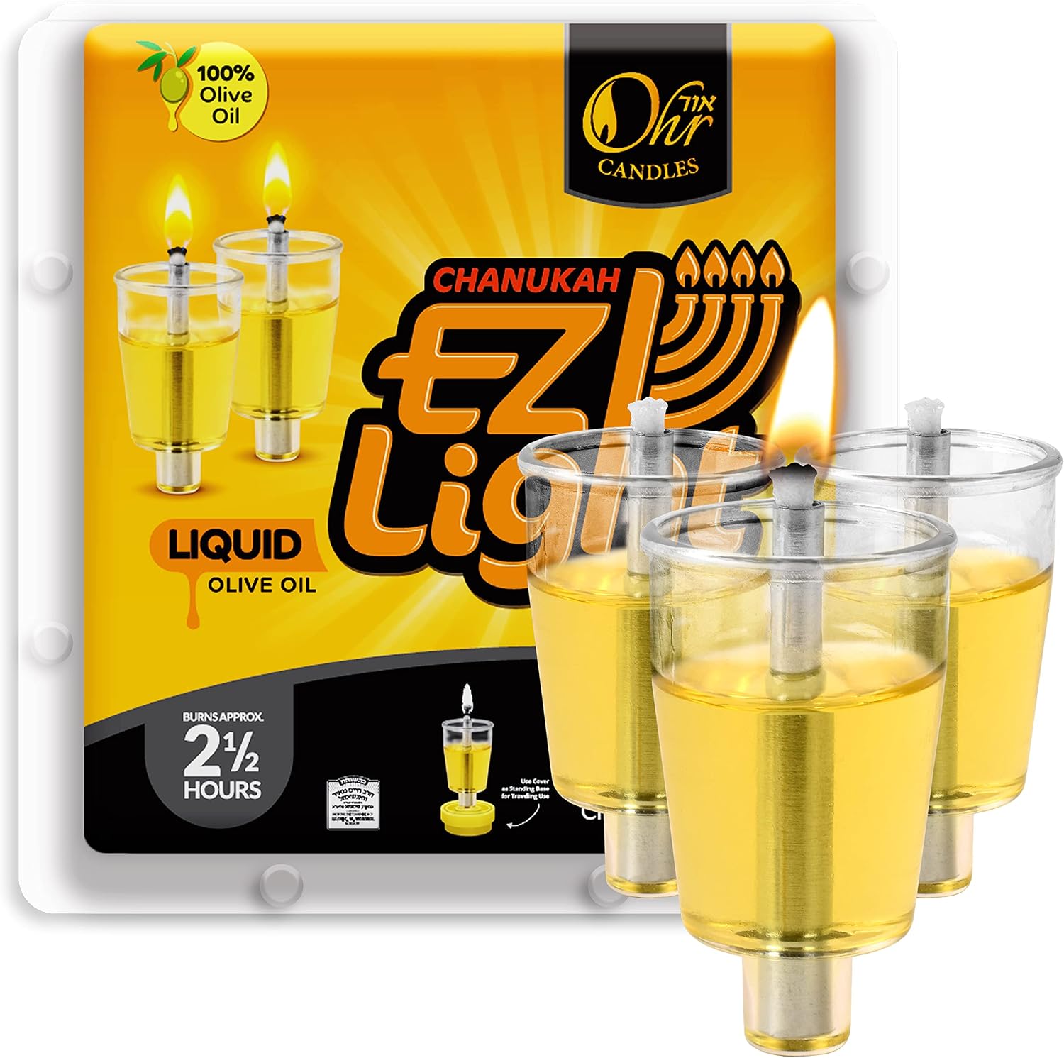 Pre-Filled Menorah Oil Cup Candles - Hanukkah EZ Lights - 100% Olive Oil with Cotton Wick in Cup - 44 Pack, Burns Approx. 2 1/2 Hrs