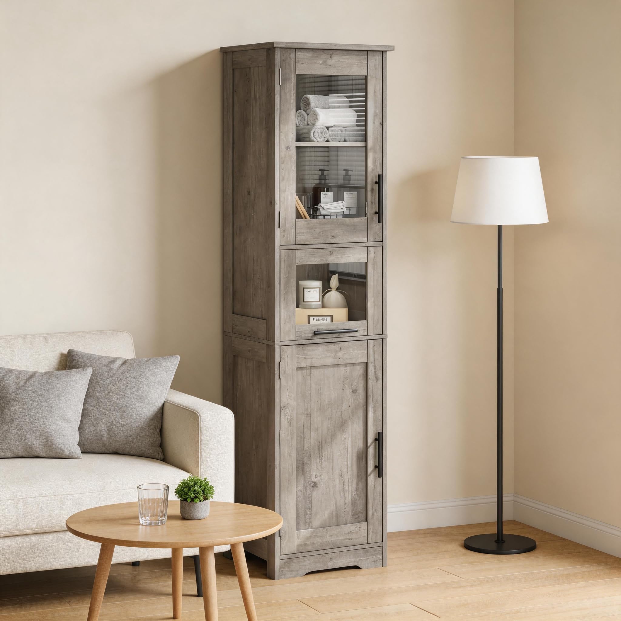 Armario Baño Alto Estrecho, Mueble de Baño con Puertas y Estante Ajustable, para Baño, Lavandería y Espacios Pequeños, Gris, 40×31×170 cm