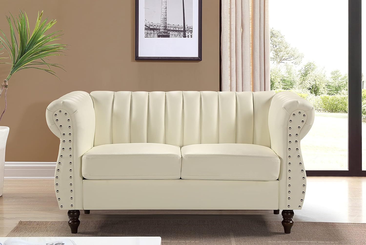Chesterfield-Inspired 60" Faux Leather Loveseat, 2 Seater Living Room Couch with Elegant Design, Gourd Legs, and Sustainable Pleather Upholstery, Cream White