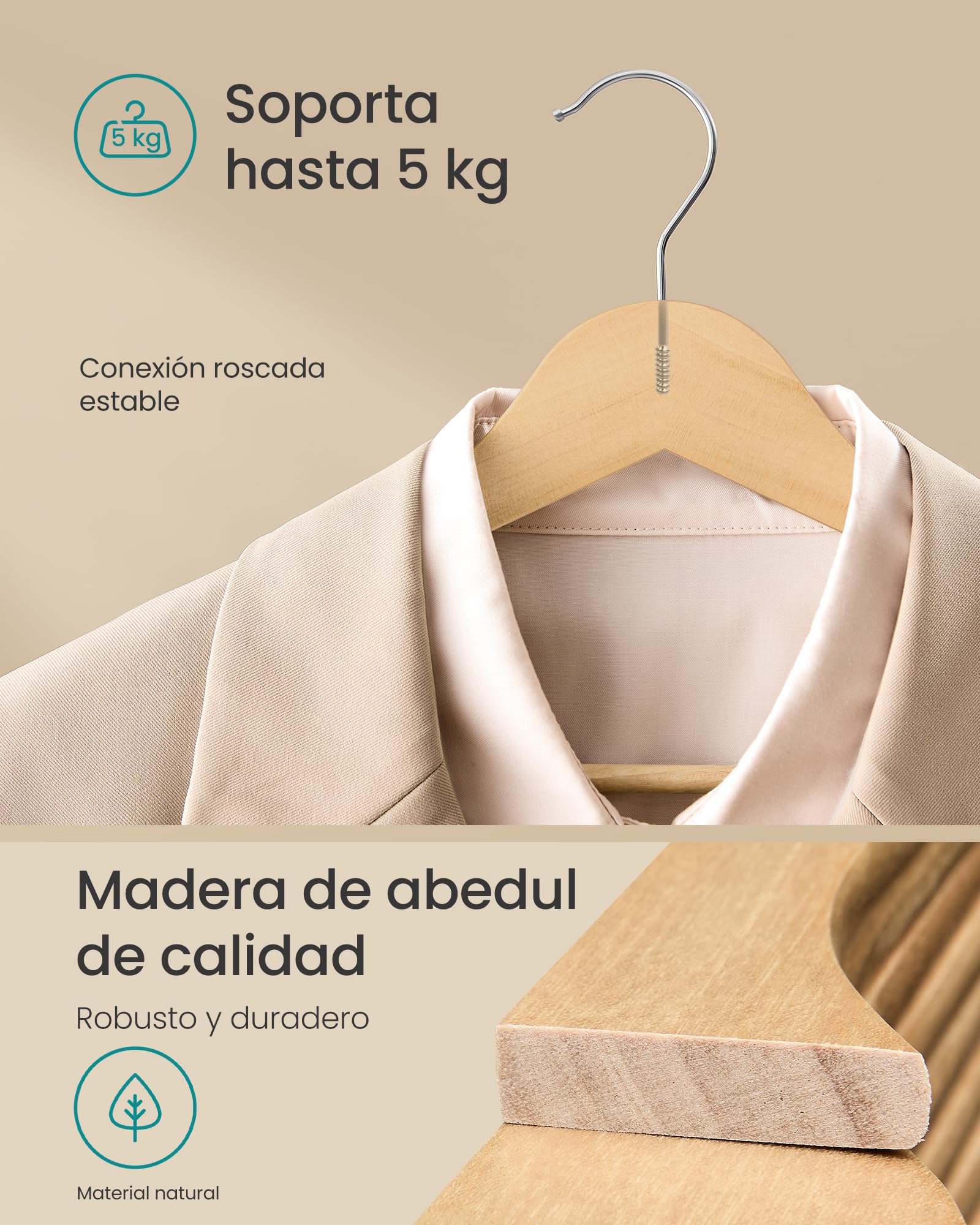 SONGMICS Percha de Madera, Juego de 10, Delgada, Muescas en Hombros, Percha para Pantalones, Gancho Giratorio 360°, Ahorra Espacio, Madera de Abedul, Tirantes y Chaquetas, Beige Natural CRW035KZ01