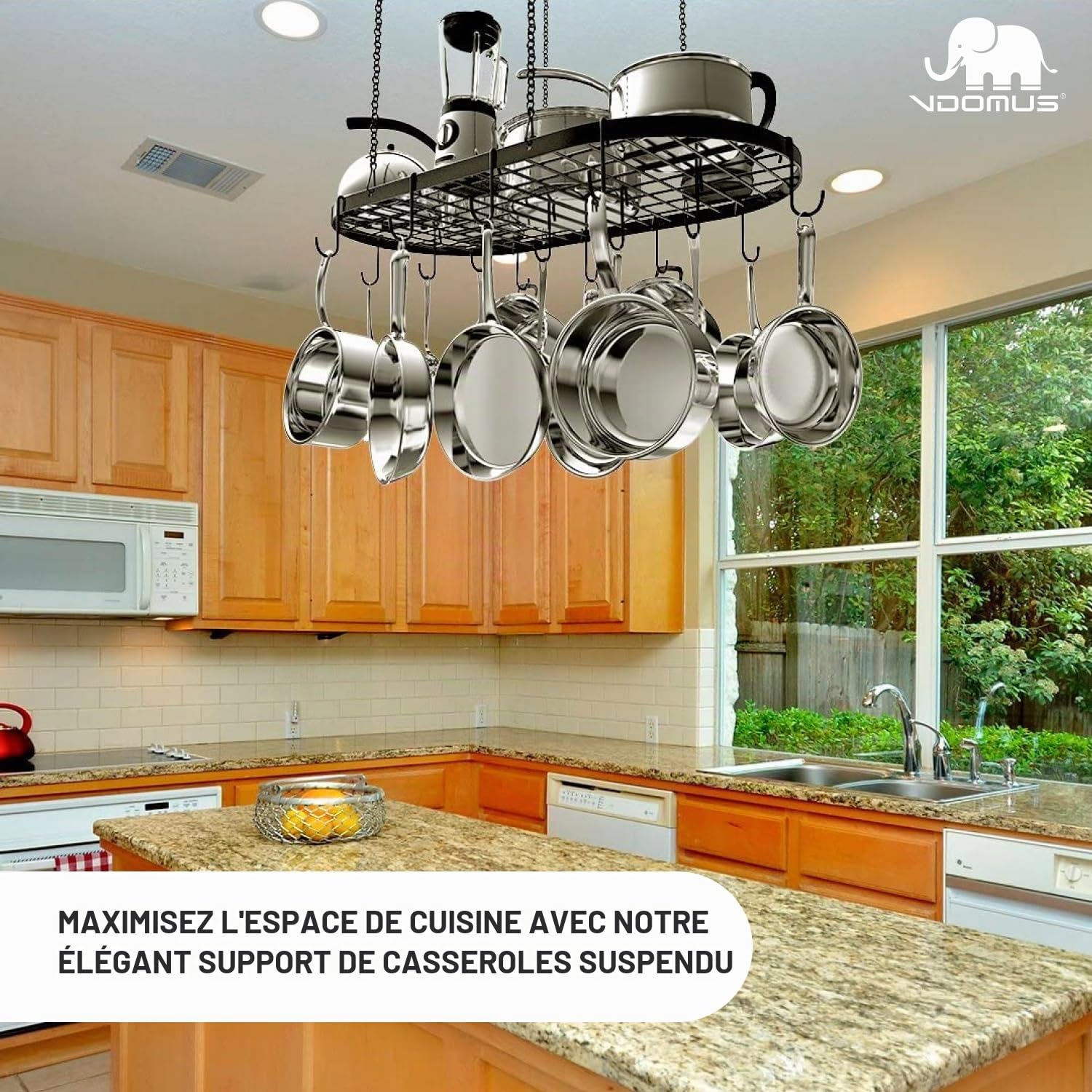 Vdomus Étagère de rangement robuste pour casseroles – 83 x 43,2 cm – Rangement au plafond élégant en alliage d'acier noir avec 15 crochets – Organisez les ustensiles de cuisine et les ustensiles de
