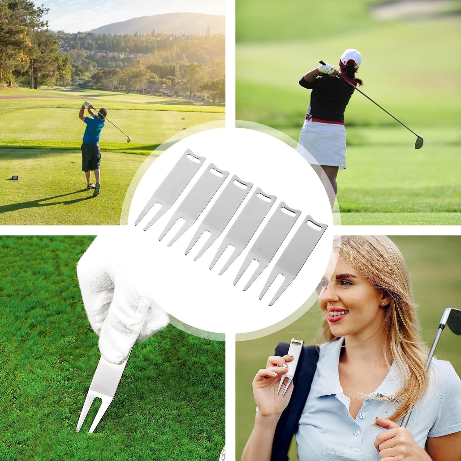 Vaguelly 6pcs Metal Golf Divot Repair Forks Wear-Resistant Lawn Repairing Tools with Golf Ball Marker