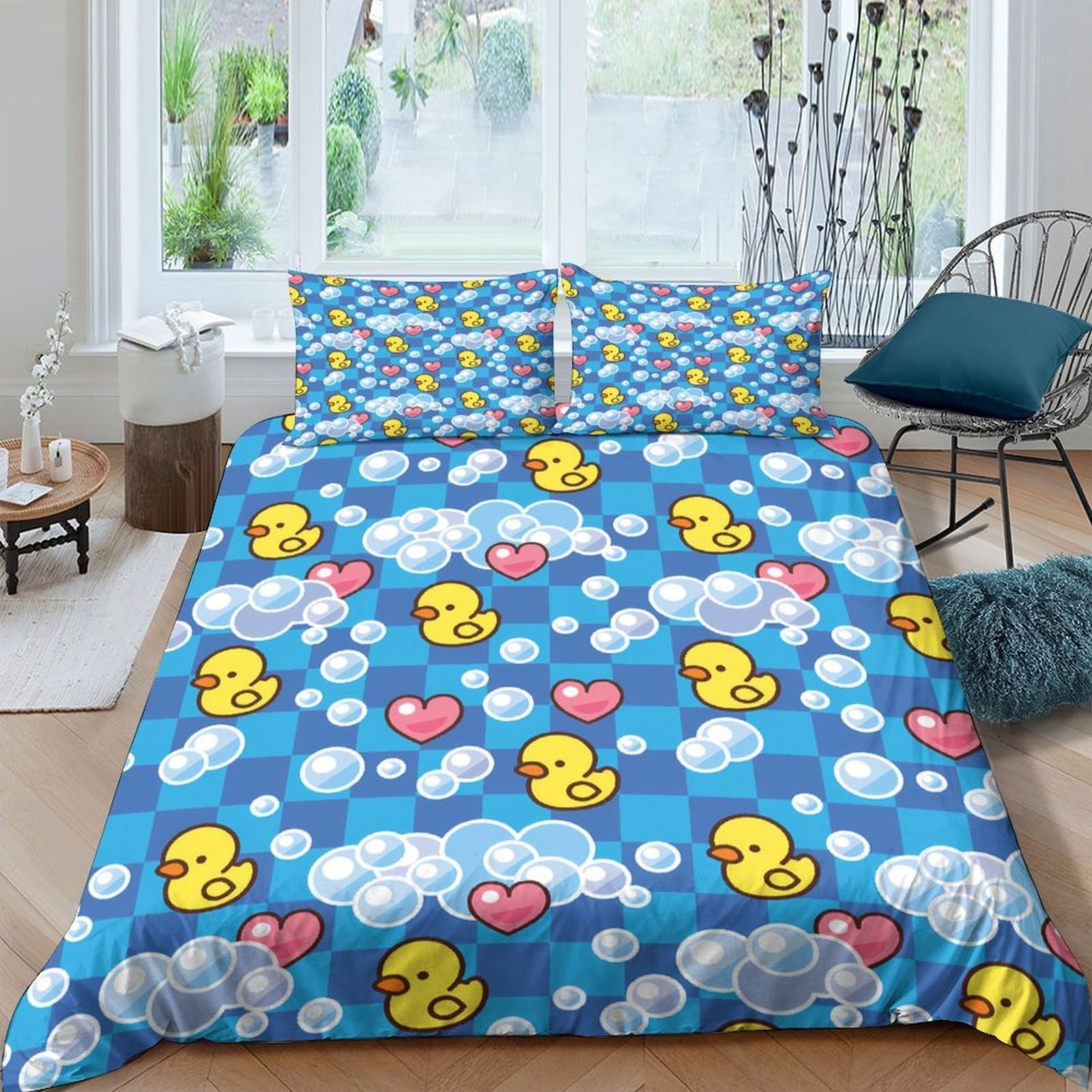 Ctjqhvkz Style-2 3D Printed Rubber Duck Bubble Fitted Sheet Microfiber Soft Blue Cartoon Heart Bed Cover For Bedroom Dorm Mattress Decor Single（135X200cm）