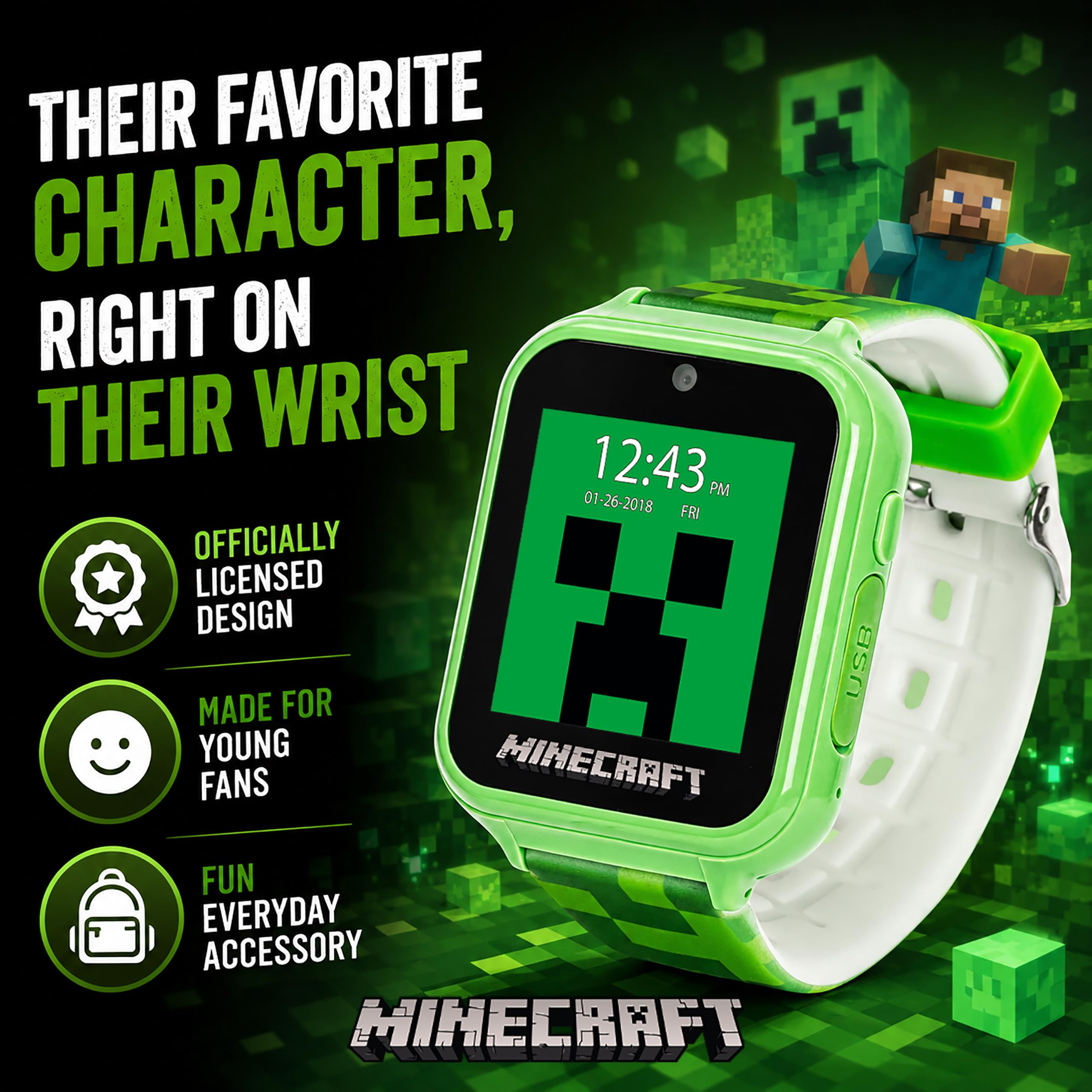 Minecraft, Smartwatch a LED per bambini, con 10 quadranti Creeper e Mob, contapassi, fotocamera per selfie, registratore video, registratore vocale, timer, giochi divertenti, calcolatrice e sfondi