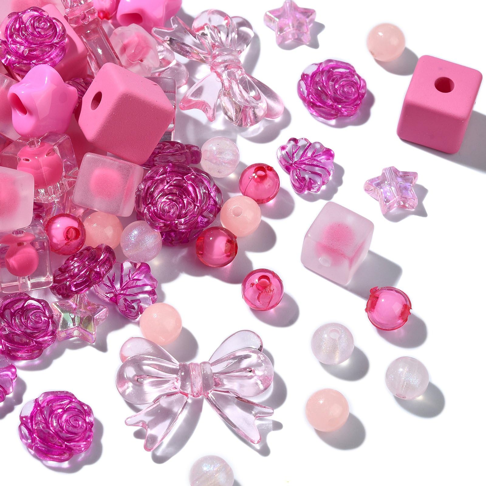 UR URLIFEHALL 200 Pcs Acrylic Beads Hot Pink Assorted Beads Round Flower Star Shaped Beads for Bracelets Making Keychains Jewellery DIY Crafts