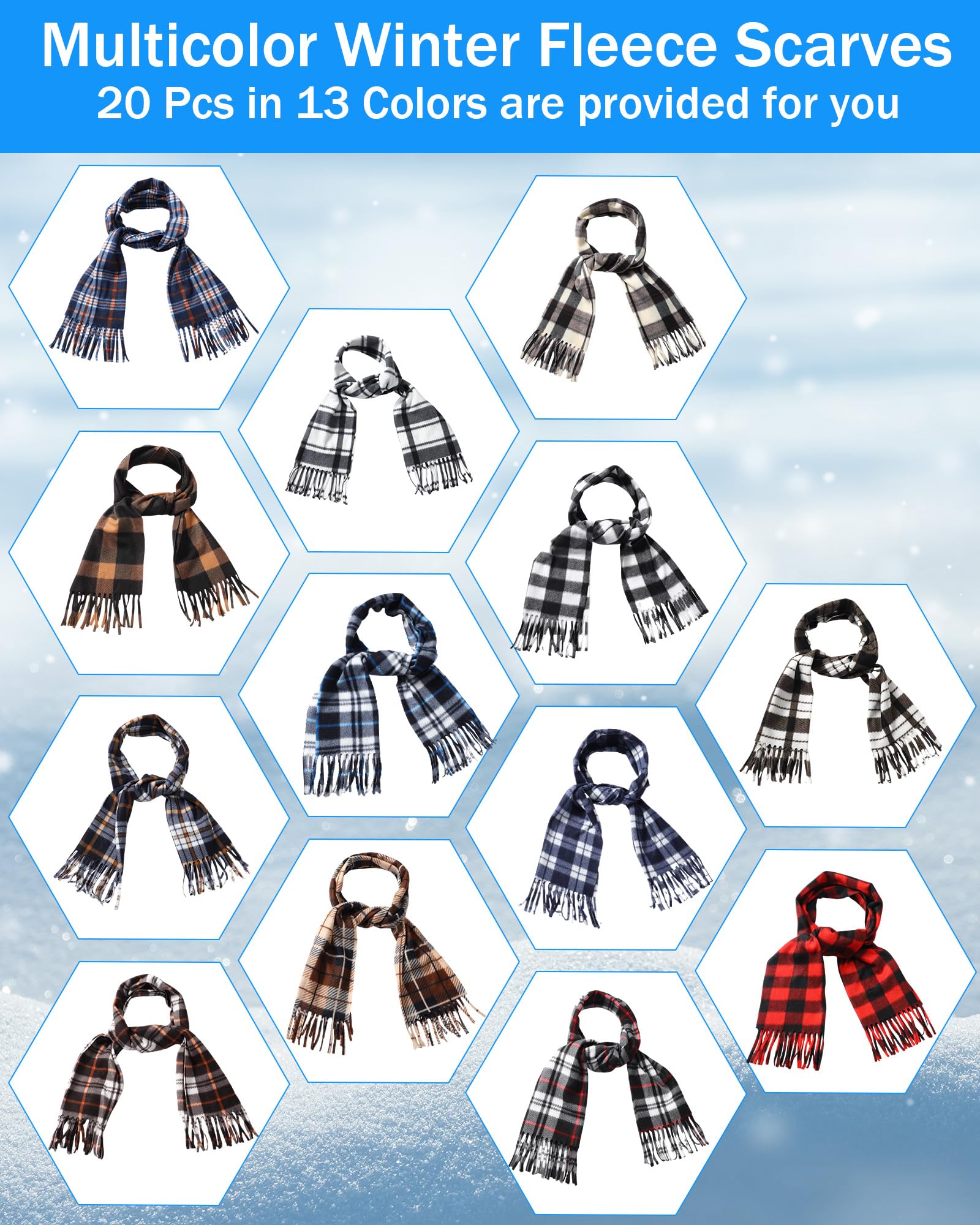 Paquete de 20 bufandas de invierno a granel unisex a cuadros, bufanda de cuello de invierno de punto de forro polar cálido, bufandas largas multicolor para mujeres y hombres, 57 x 12 pulgadas 3