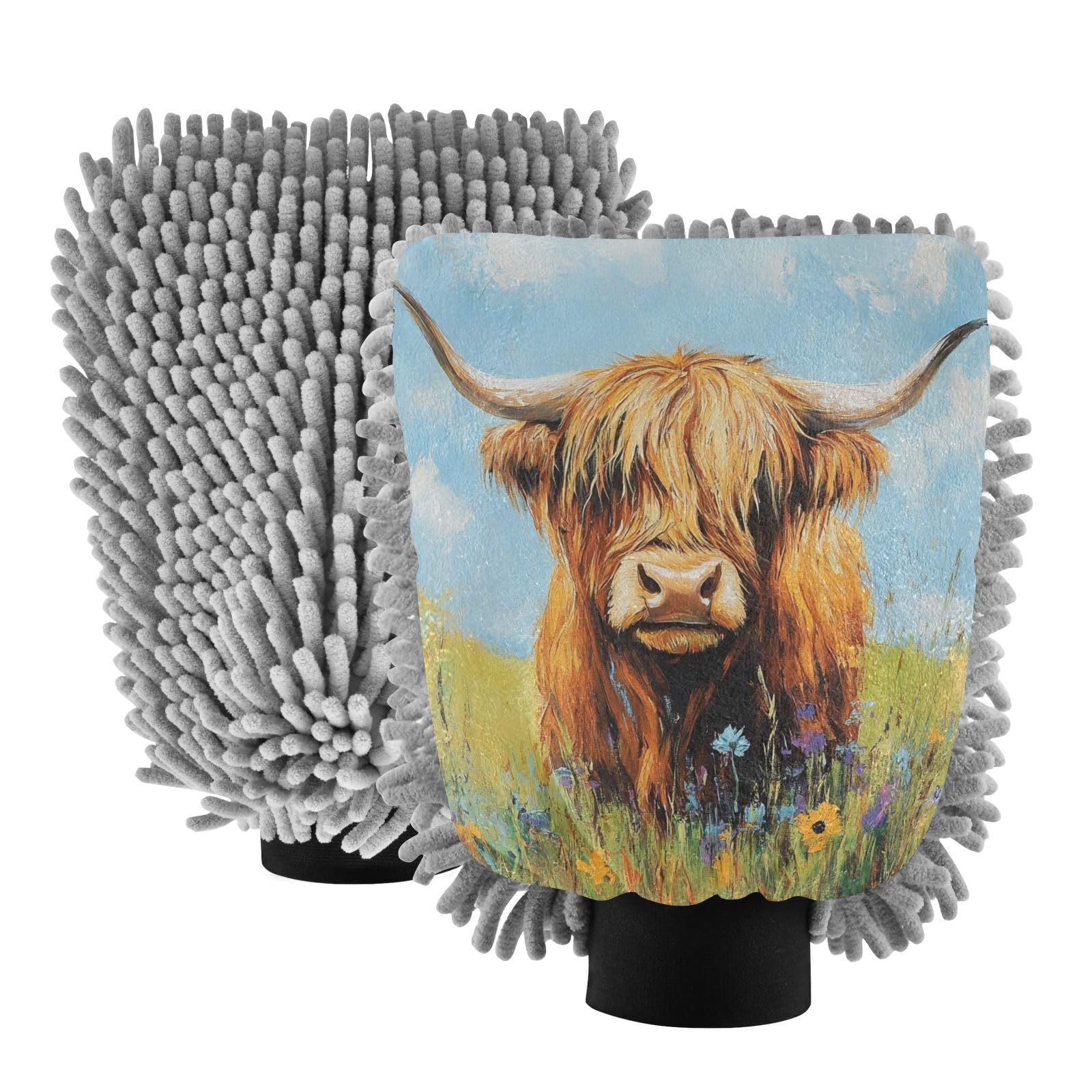 Flradish 2 Pack Highland Cow Car Wash Mitt Chenille Microfiber Lint-Free Scratch Free Ultra-Soft Absorbent Car Wash Mitt 11.8x8.07 Inch