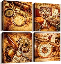 Vintage Nautical Map Wall Decor Art Canvas Prints Painting Ready to Hang - 4 Piece Framed Retro Treasure Maps Compass Navigation Magnifier Telescope Pocket Watch Antique Photos -12 x 12 x 4 Panels - coolthings.us
