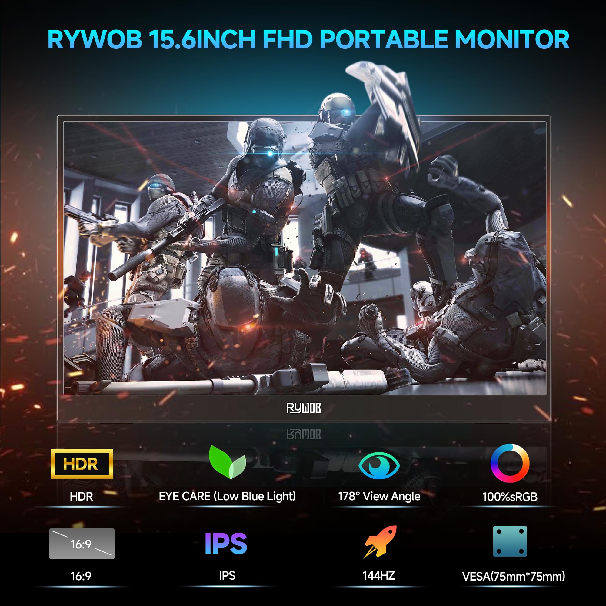 Przenośny monitor do gier, ekran IPS USB-C HDMI 144 Hz, przenośny, ultracienki wyświetlacz, monitor laptopa do PC, PS5/4, Mac, Xbox, przełącznika