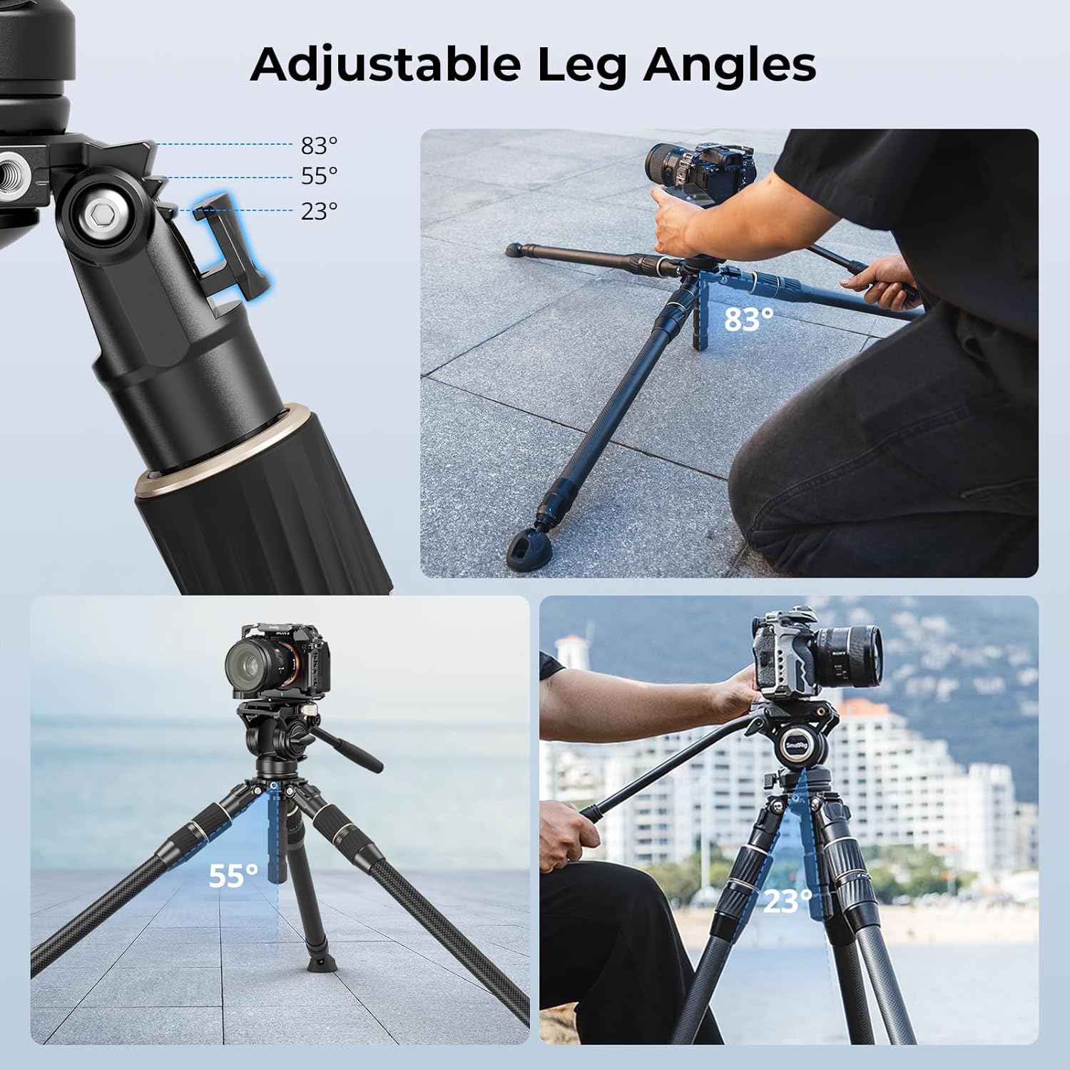 Images demonstrating the three adjustable leg angles: 23, 55, and 80 degrees