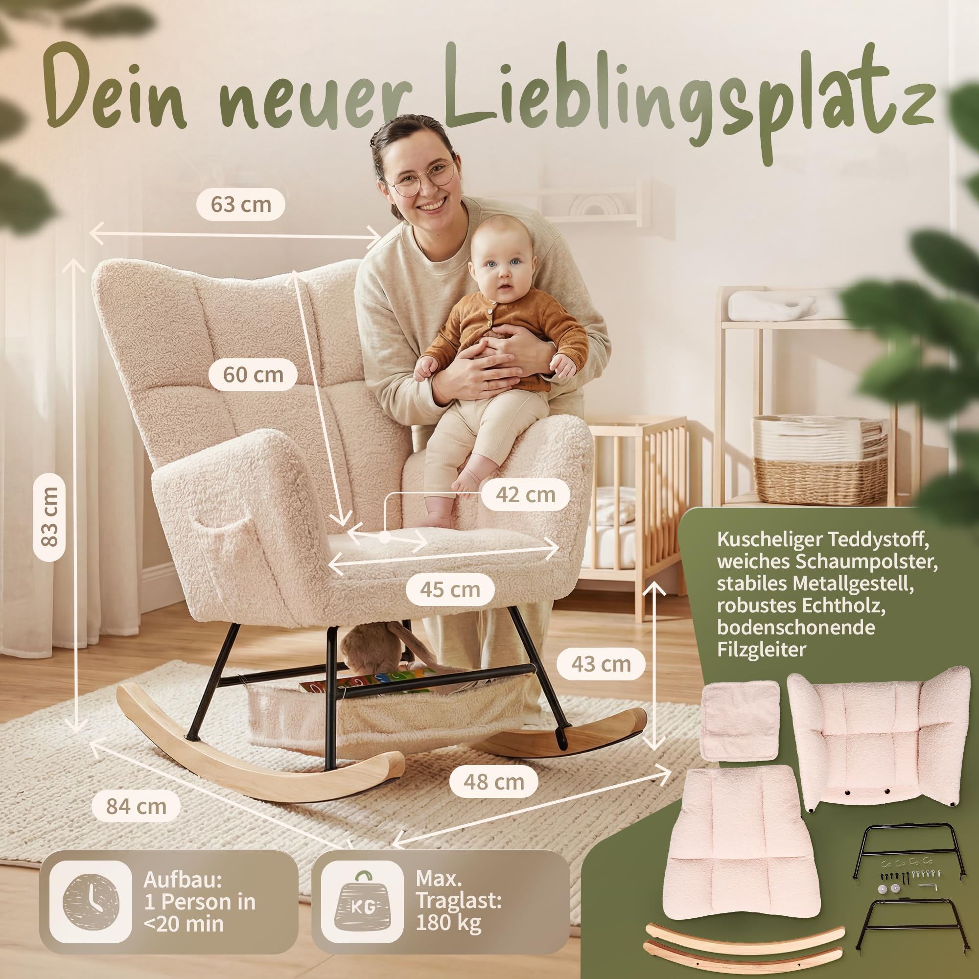 FLAKKARI® Stillsessel Schaukelstuhl Gepolstert [EXTRA-LEISE] mit Taschen Stillstuhl Schaukelsessel Relaxsessel Rocking Chair Nursing Baby | Baby Beige