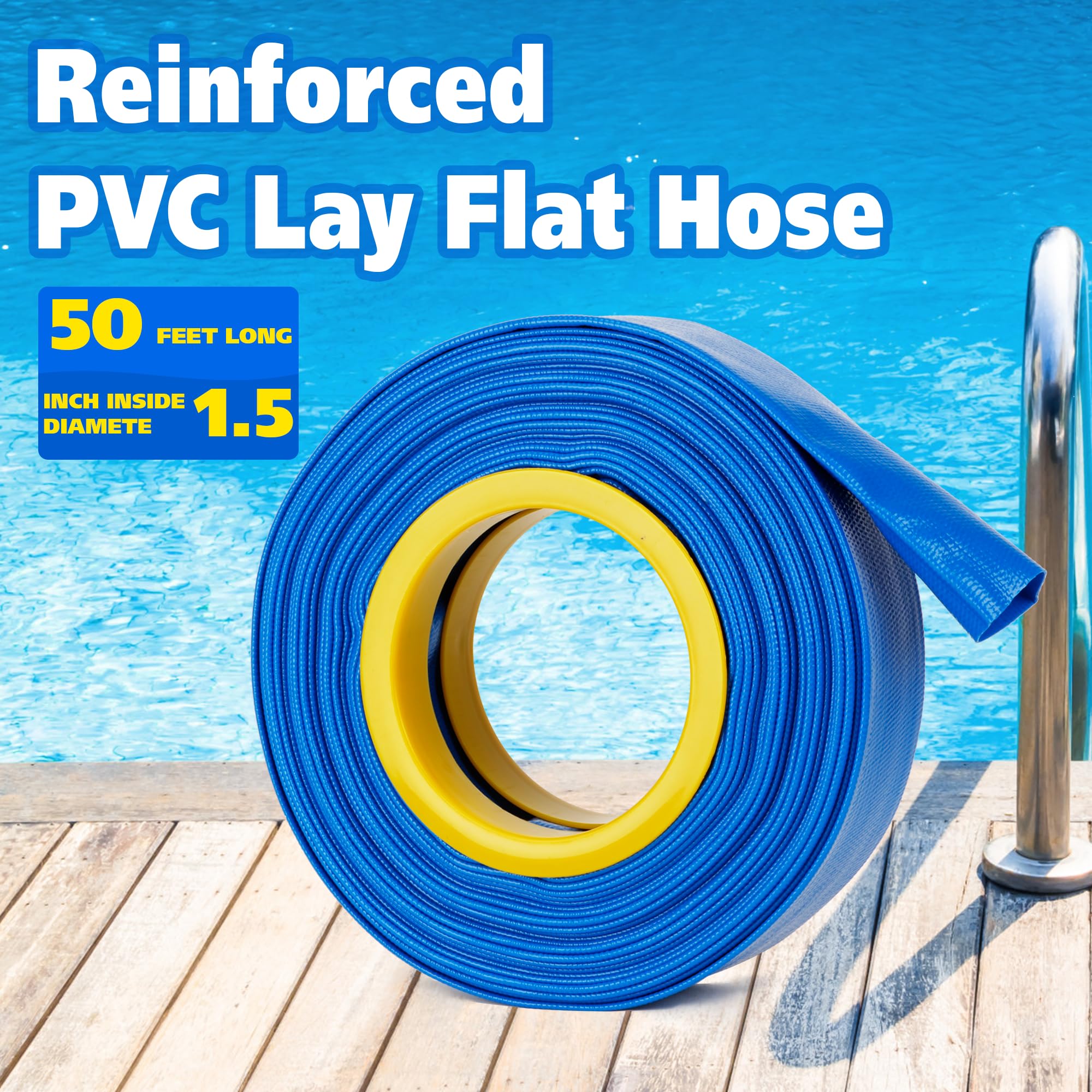 Manguera de retrolavado de 1-1/2 pulgadas por 50 pies con cuatro abrazaderas, manguera de drenaje de piscina, kit de manguera de descarga de bomba de sumidero, manguera plana reforzada de PVC