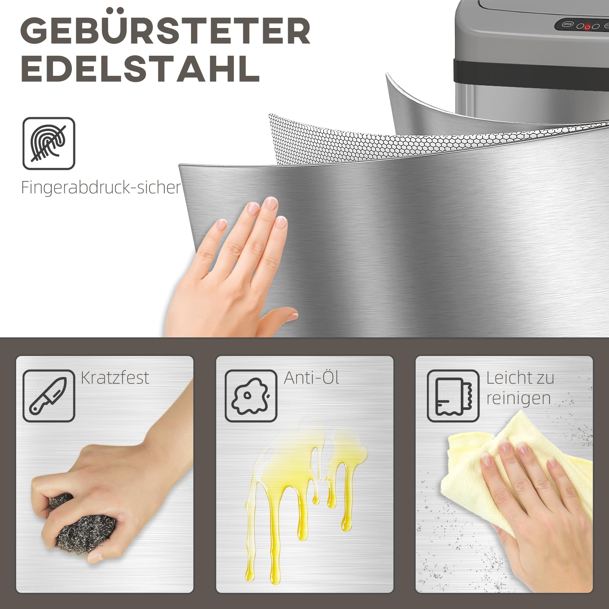 HOMCOM Sensor Mülleimer 48L Edelstahl Automatischer Mülleimer Silber | Mit Bewegungssensor, Fingerabdruckresistente Abfalleimer Abfallbehälter Müllbehälter, für Büro, Schlafzimmer, Küchen