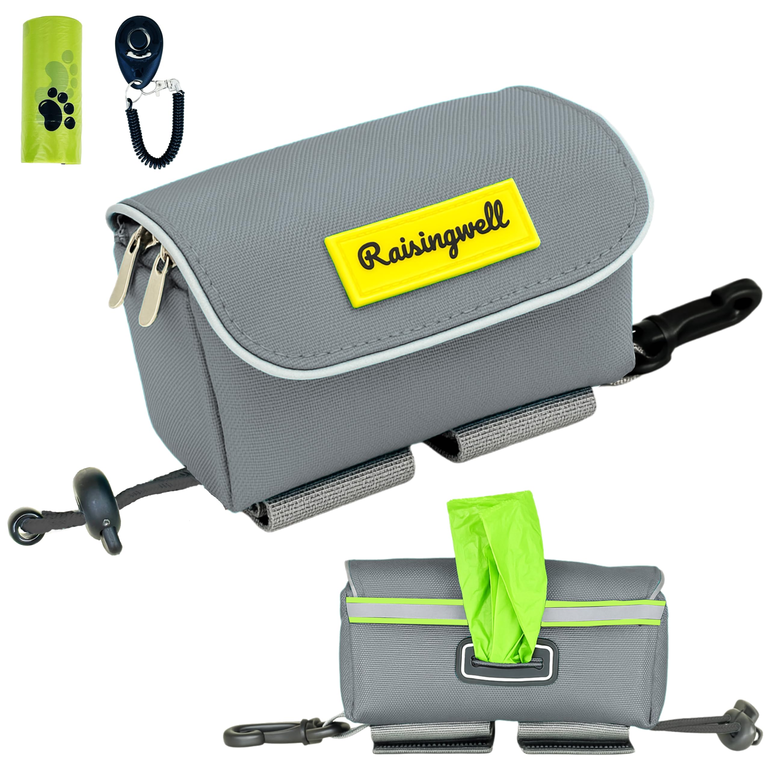 Dog Poop Bag Holder for Leash, 2 Waterproof Zipper Pouches, Dog Treat Pouch for Pet Walking Accessories, with Dispenser, Training Clicker and 1 Free