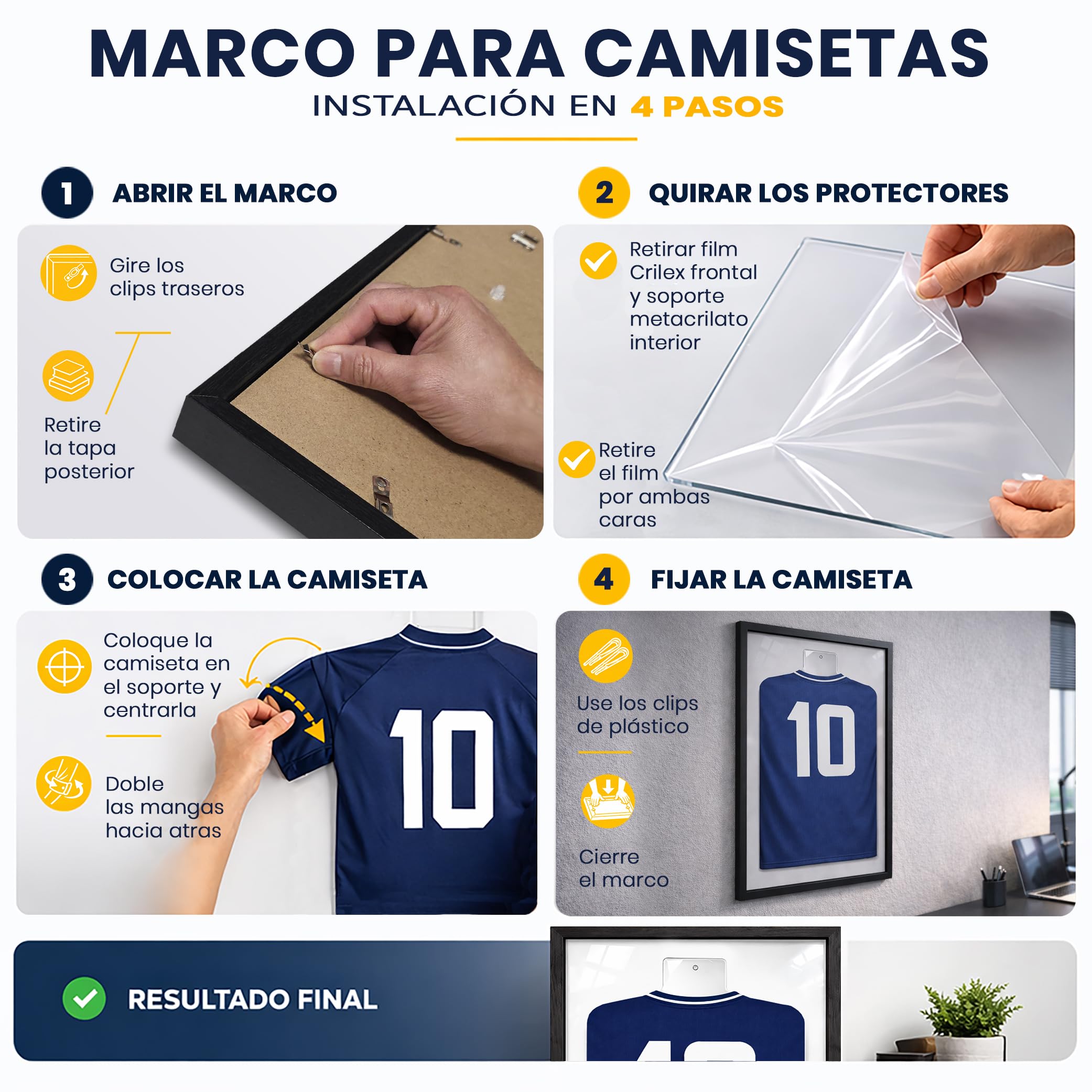 Marco para Camisetas de fútbol 58x78 cm con Soporte de Metacrilato – Expositor de Camiseta deportiva, Cuadro Decorativo de Pared, Acabado Profesional, Fácil Montaje – Marco Negro con Fondo Blanco - 4
