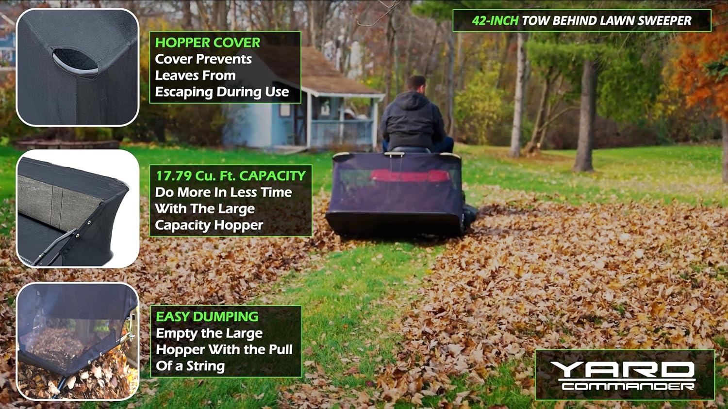 Yard Commander - 42-Inch Tow-Behind Lawn Sweeper, 10" Nylon Brushes, Universal Tractor/ATV Hitch, Never-Flat Wheels, Adjustable Height, 1-Year Warranty, Ideal for Leaves, Grass & Debris