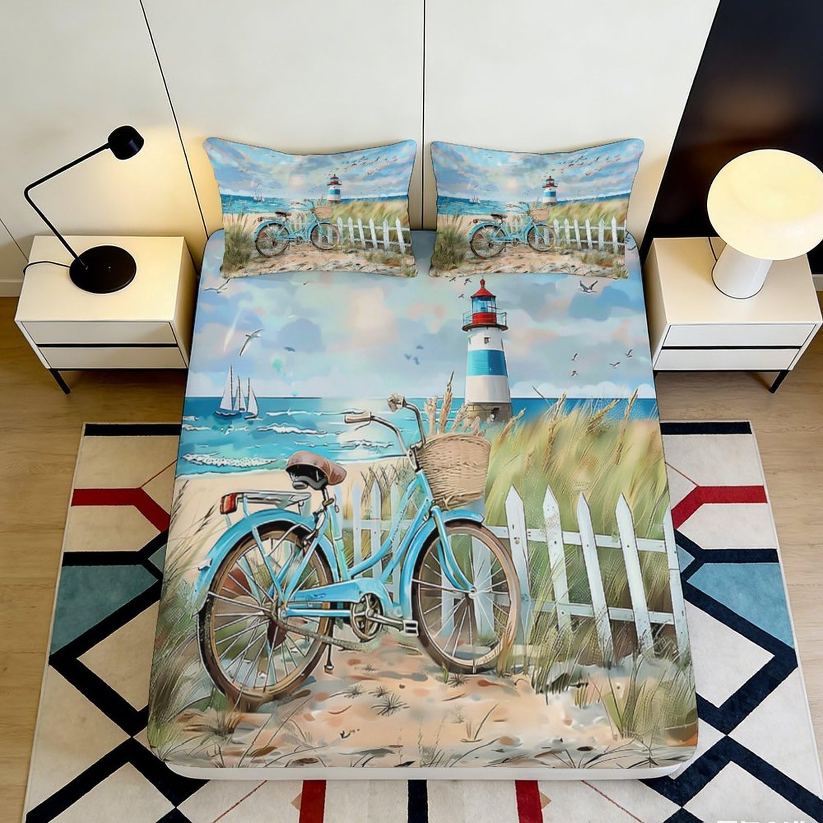 3D Printed Seaside Style Fitted Sheet Microfiber Deep Pocket Non-Slip Seaside Mattress Fitted Cover Bedroom 140x200x25cm