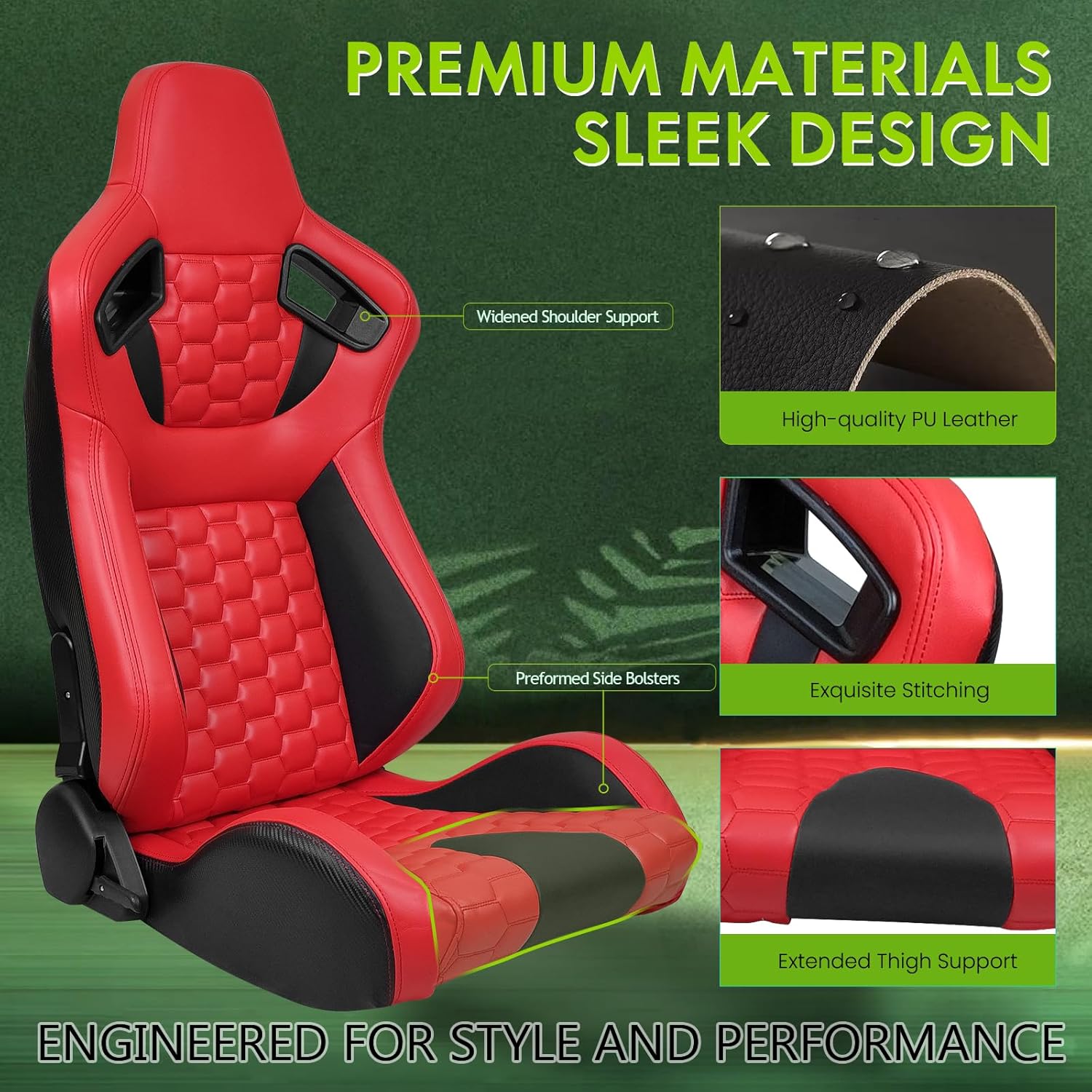 Universal Pairs of Racing Seat with Dual Sliders, PU Leather Front+Carbon Leather Back Reclinable Bucket Seat, Red & Black+Hexagonal Quilting