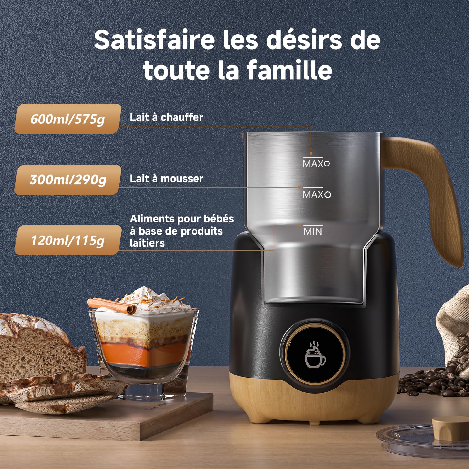 AMZCHEF Mousseur à Lait 600ml - 8 en 1 Chauffe Lait Électrique 550W, Lait Chaud/Froid & Mousse Dense, Chocolat Chaud, Facile Nettoyer, Pour Cappuccino Latte