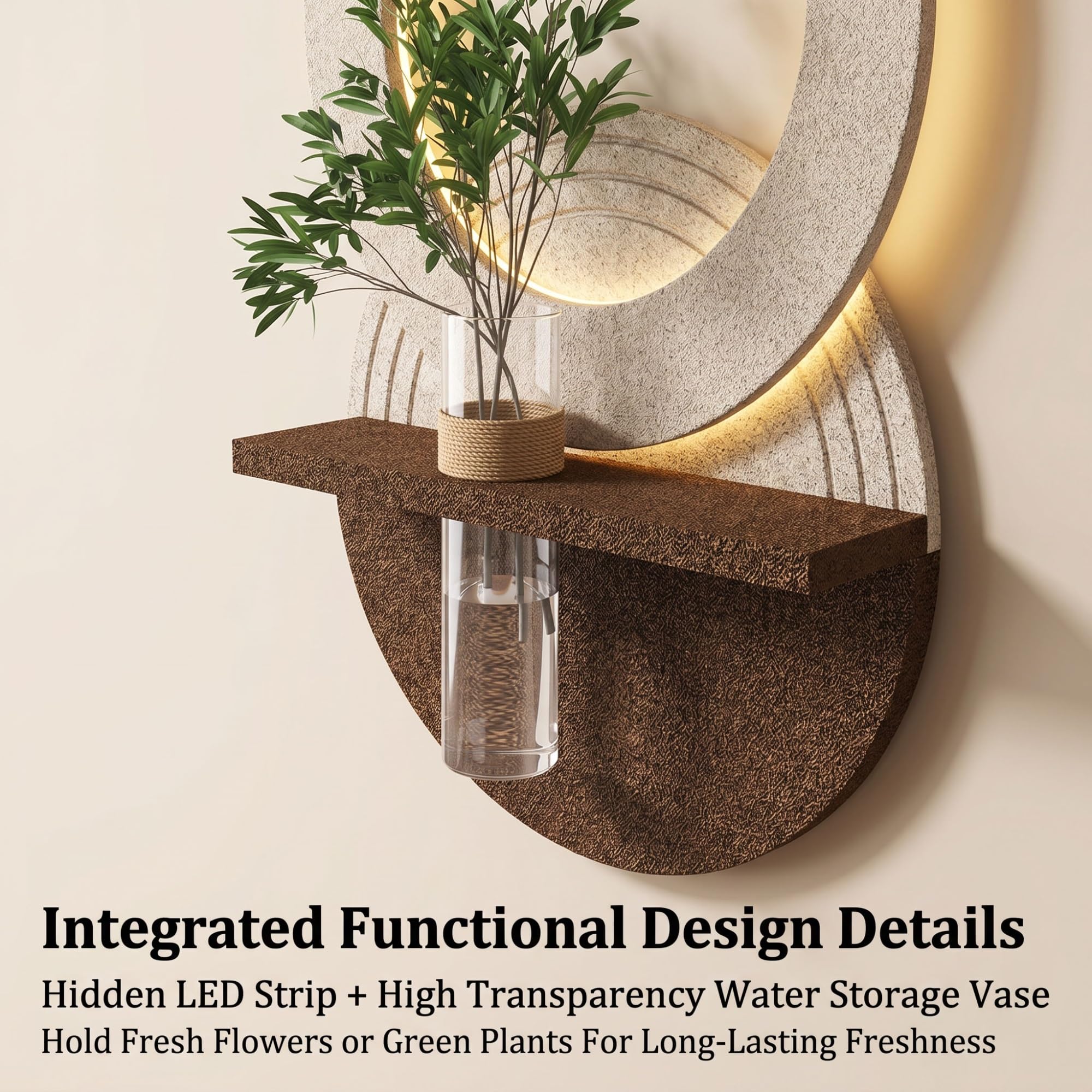 Wanddeko Wohnzimmer mit LED-Licht, 3D Sandstein-Relief & Vase | Handgefertigte Sandstein-Struktur, Integrierte LED-Beleuchtung, Kreative Vasen-Funktion(Brown B,70x140cm/27.5x55.1'')