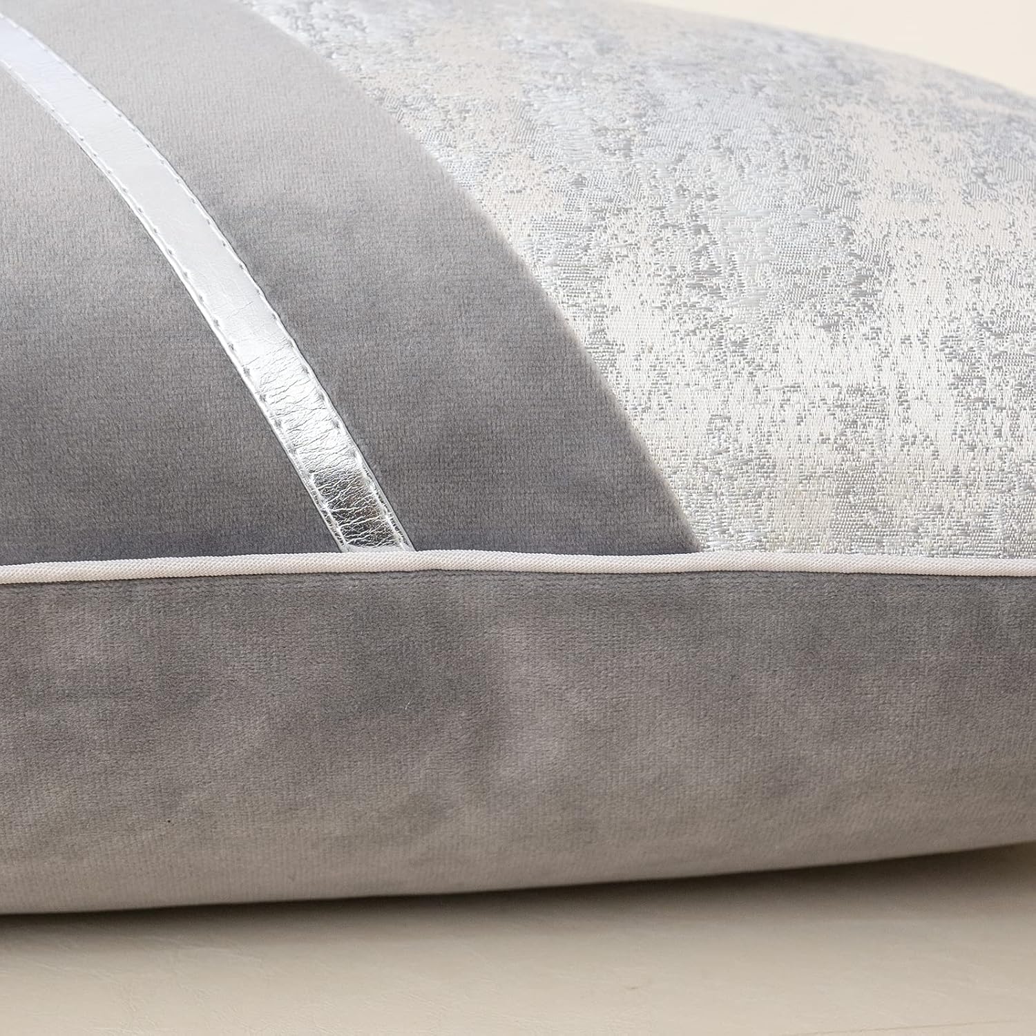 Alerfa 20 x 20 Inch Gray Silver Leather Patchwork Velvet & Polyester Cushion Case Luxury Modern Square Throw Pillow Cover Decorative Pillow for Couch Sofa Living Room Bedroom Car 50 x 50cm - Image 5