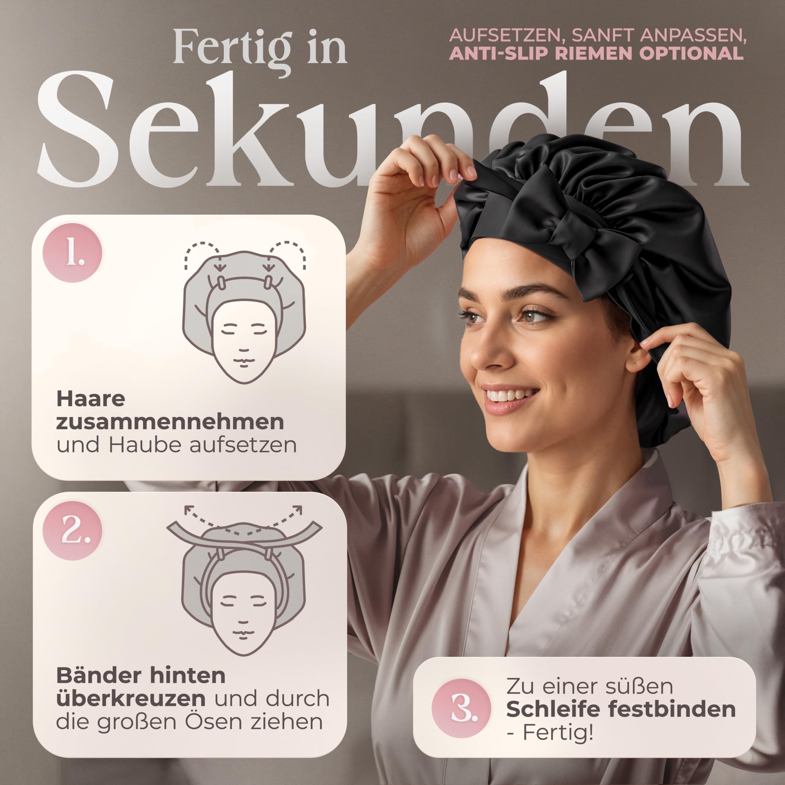 Seidenhaube zum Schlafen - 100% Maulbeerseide I Schlafhaube Seide - Idealer Schutz vor Frizz, Haarbruch & Knoten I Silk Bonnet mit Kinnriemen für extra Halt I Doppellagige Schlafmütze
