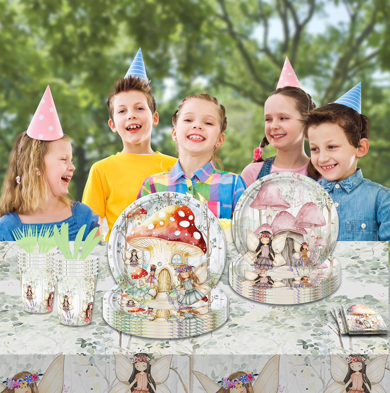 142Pcs Fairy Themed Birthday Party Supplies Include Fairy Plates-Cups-Napkins-Forks-Knives-Tablecloth for Kids Birthday Party Decorations