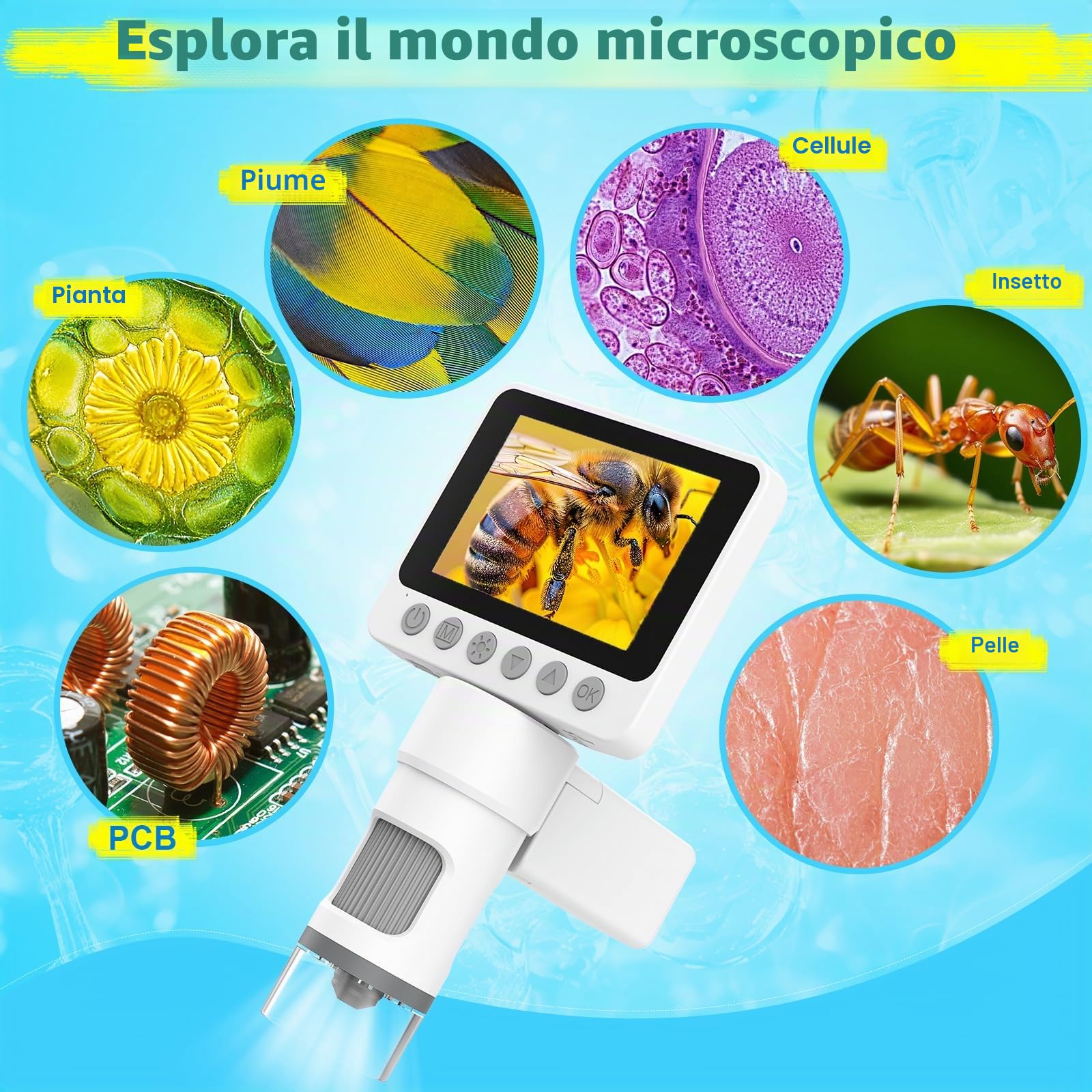Microscopio tascabile digitale portatile per bambini, 1000X lente d'ingrandimento con luce per monete, gioielli, lettura, scienza, apprendimento