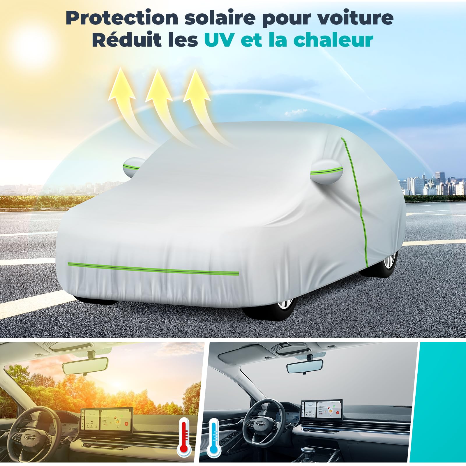 Bâche Voiture Extérieur Imperméable Anti-UV, Anti-Vent et Anti-poussière avec Fermeture Éclair Latérale, Housse pour Voiture 450 x 190 x 160 cm Argent (Compact SUV)