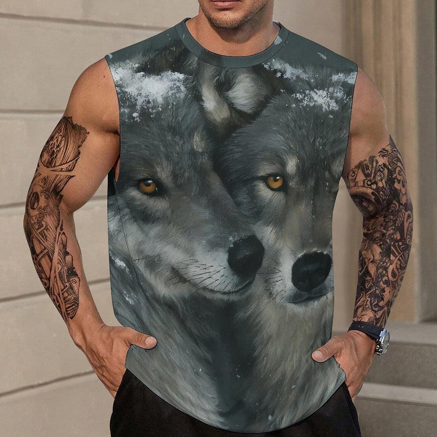 Two Wolves in Snow Men Summer Sleeveless Crew Neck Top 5XL