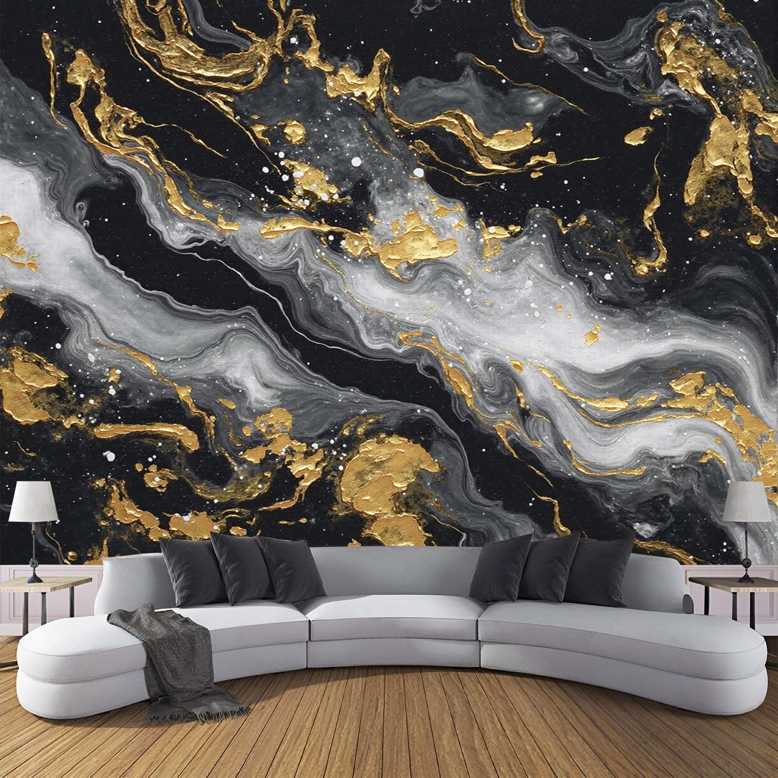 Fototapete Abstraktes Marmorgraffiti Tapete Luxus-Crack-Welle Tapeten Vliestapete Schwarzes Gold Modern Wandtapete Wohnzimmer Schlafzimmer Kinderzimmer Wanddeko Motivtapeten 250X175Cm (Bxh)