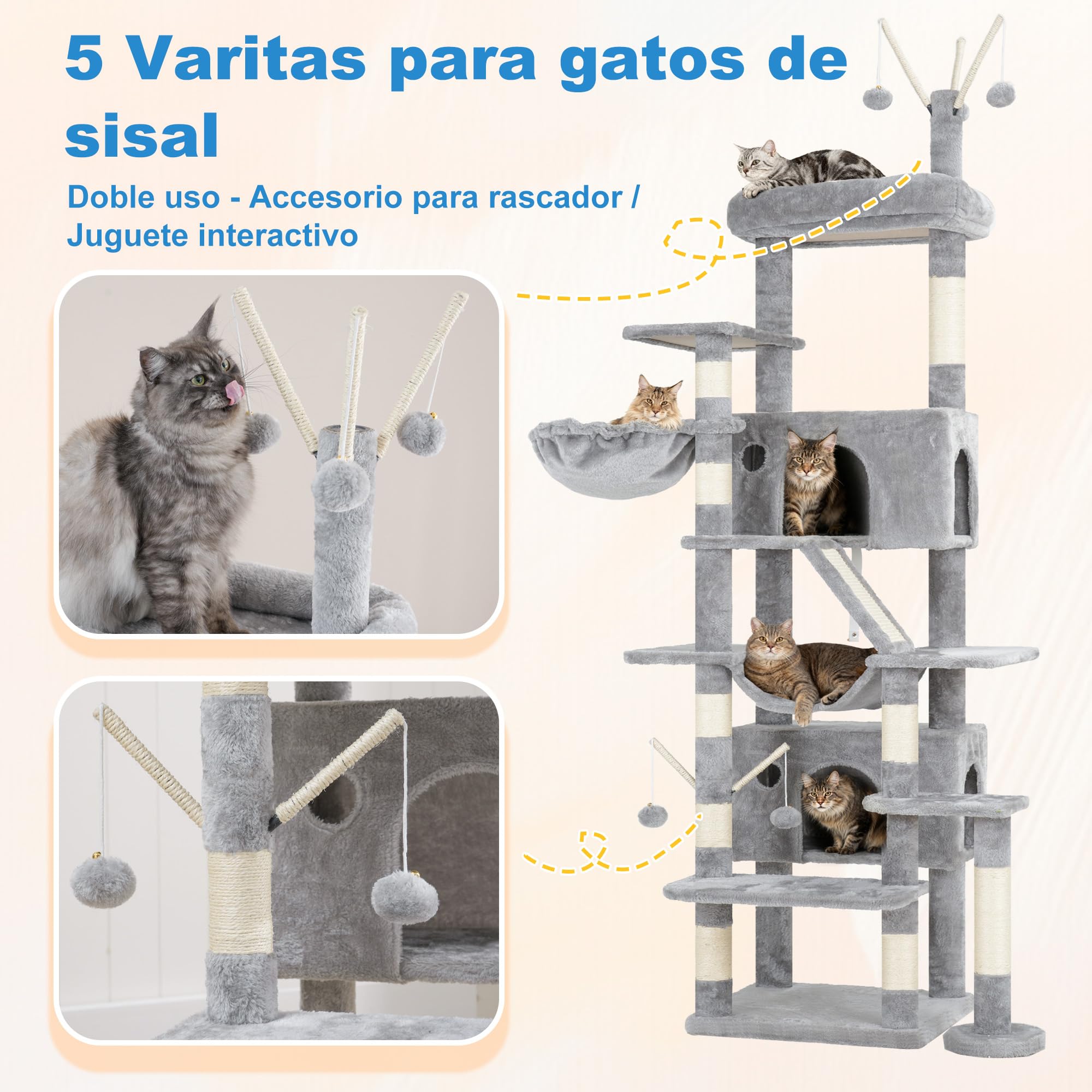 Hey-brother 210 cm Árbol para Gatos, Rascador para Gatos Grande Apto para hogares con Varios Gatos, Equipado con 2 Cuevas Grandes, Hamaca, Cesta y Varita Juguete extraíble, Gris Claro EMPJ082W