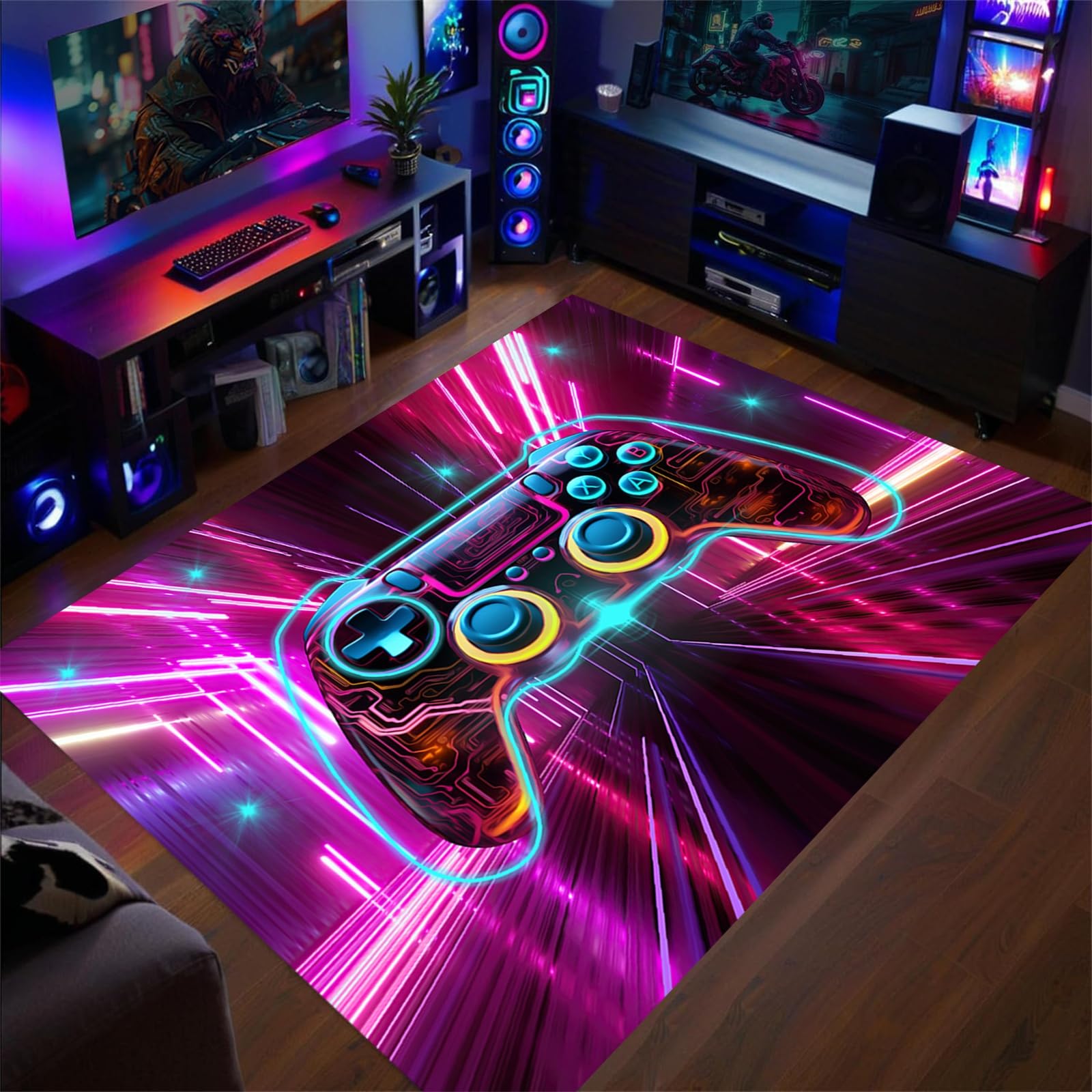 AOESELN 3D Cool Colorful Neon Gamepad Area Rug,70x140cm Indoor Boys Play Rug,Kids Bedroom Rugs,for Living Room, Game Room,Bedroom and Office,Soft,Foldable,Machine Washable Non-Slip Mat