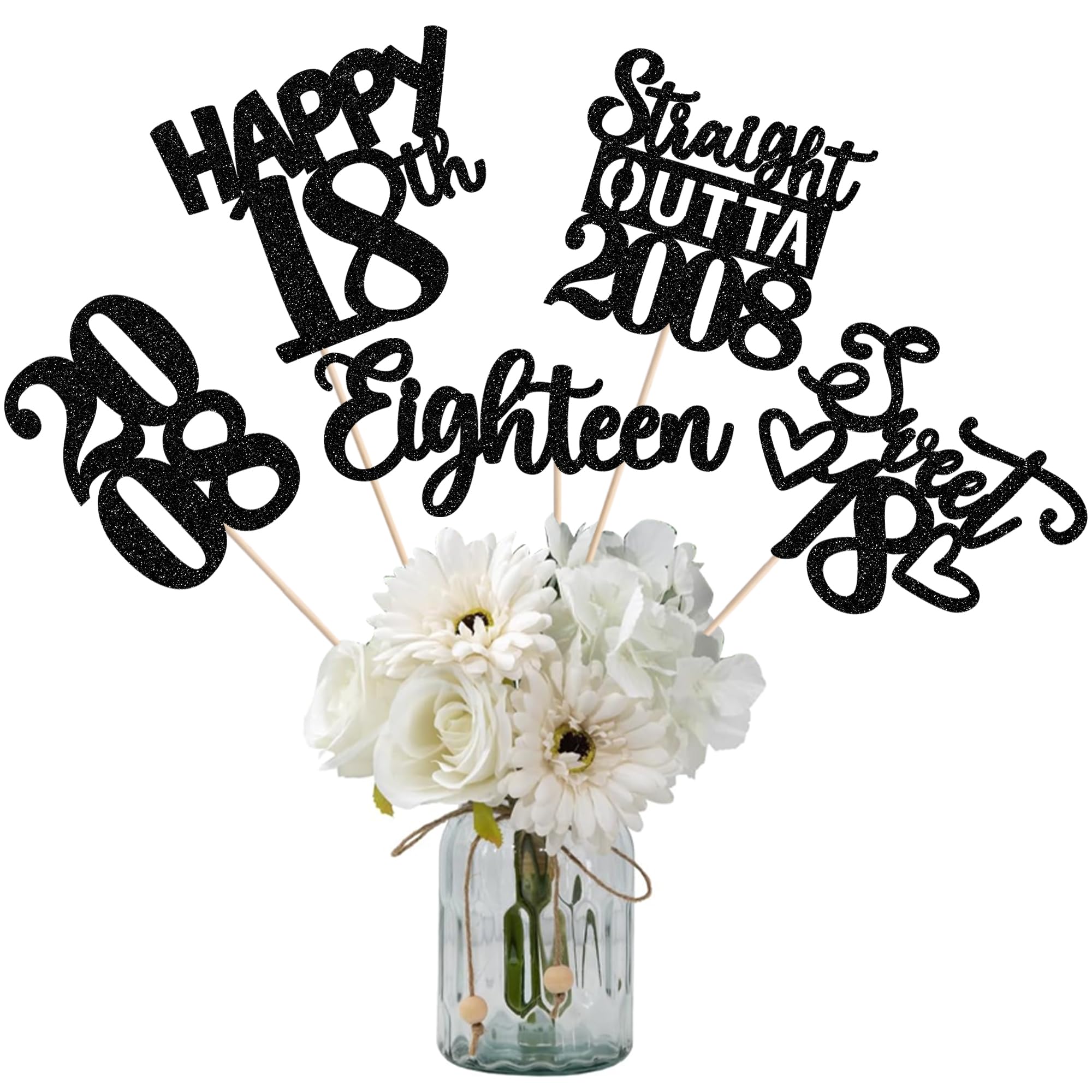 15 PCS 18th Birthday Centerpiece Sticks Eighteen Happy 18th Straight Outta 2007 Table Flower Centerpieces Sticks Cheers to 18 Floral Decorations for 18th Birthday Party Supplies Black