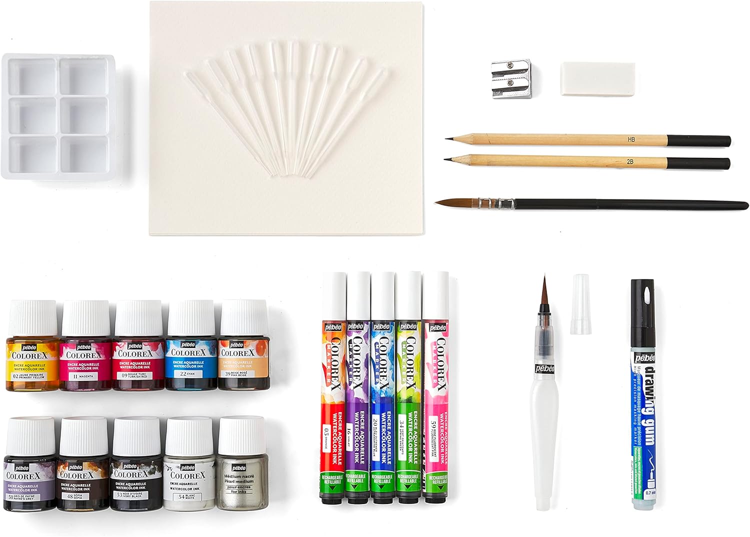 Pebeo Set Drawing & Illustration Kit Watercolour Ink 10 Colours 20 ml, 4 Colorex Marker and 18 Accessories, Non Applicable, Détails En Description